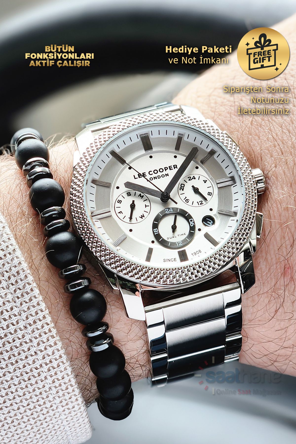Lee Cooper-Original Lee Cooper White Dial Silver Steel Band Function Men's Wristwatch with Calendar 5