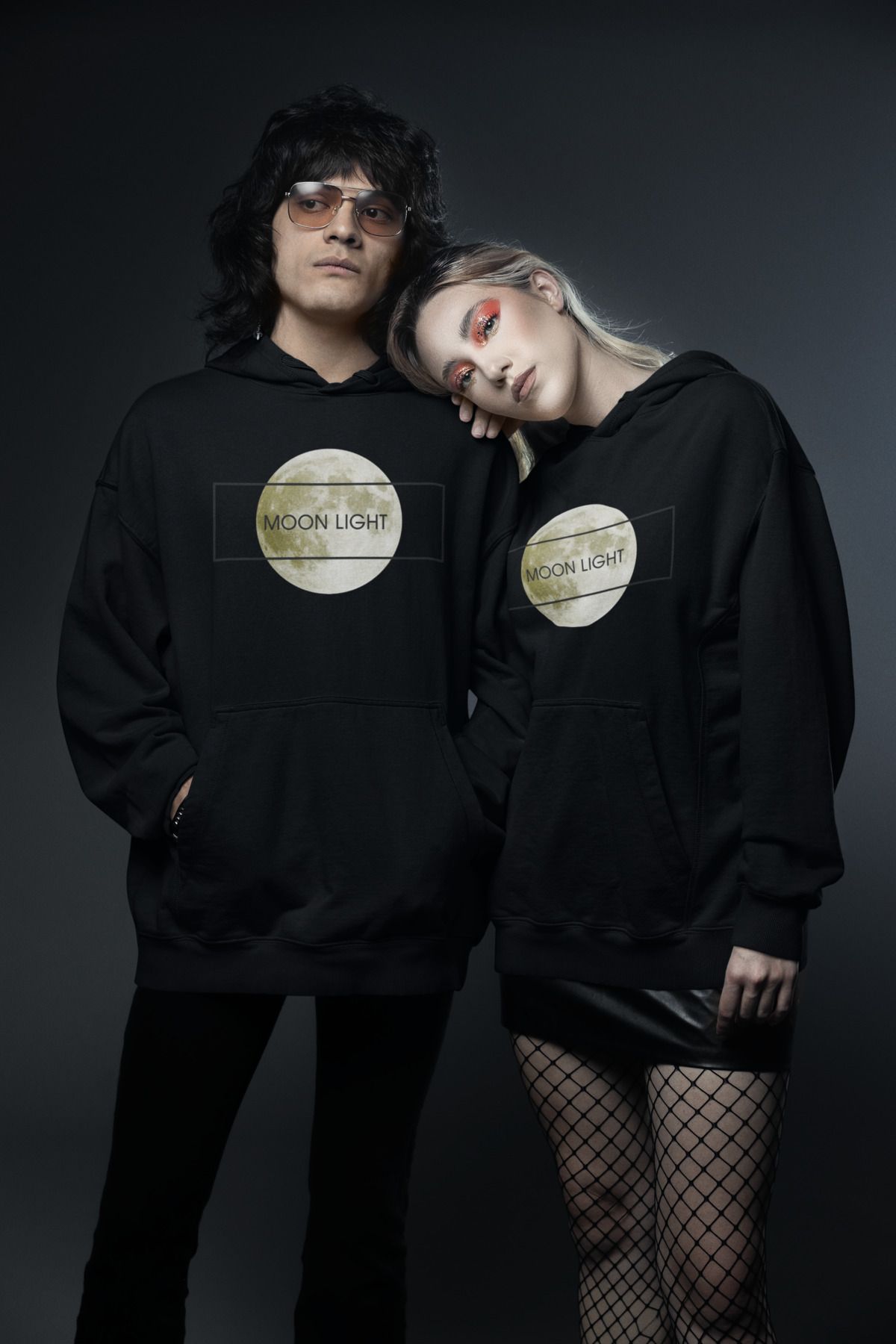 ick artwear MOONLIGHT BASKILI SİYAH 3 İP ŞARDONLU KAPÜŞONLU SWEATSHİRT