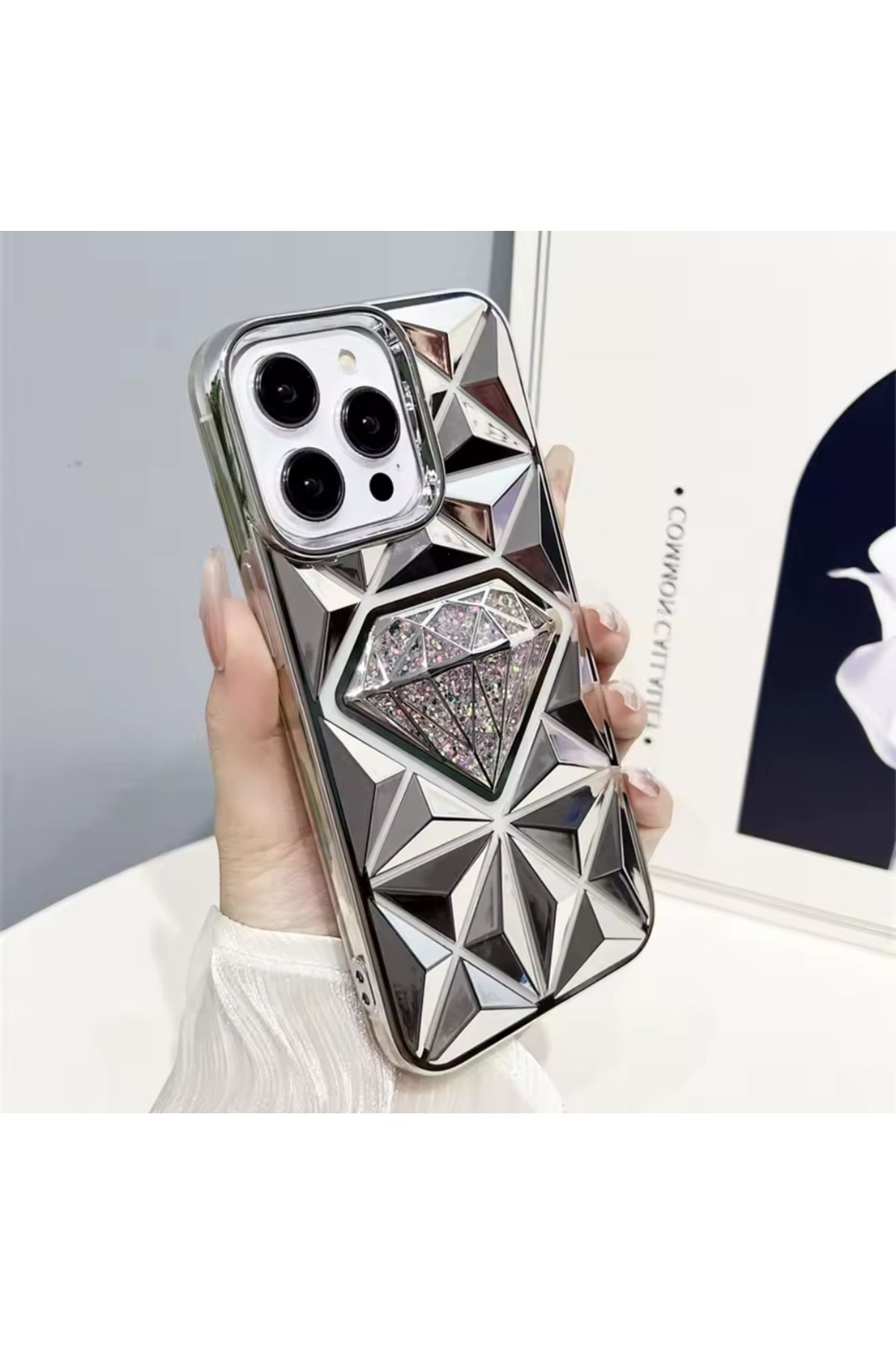 EDELFU iPhone 14 Pro Max Parlak Elmas Desenli Simli Kapak Koruyucu Silikon Kılıf