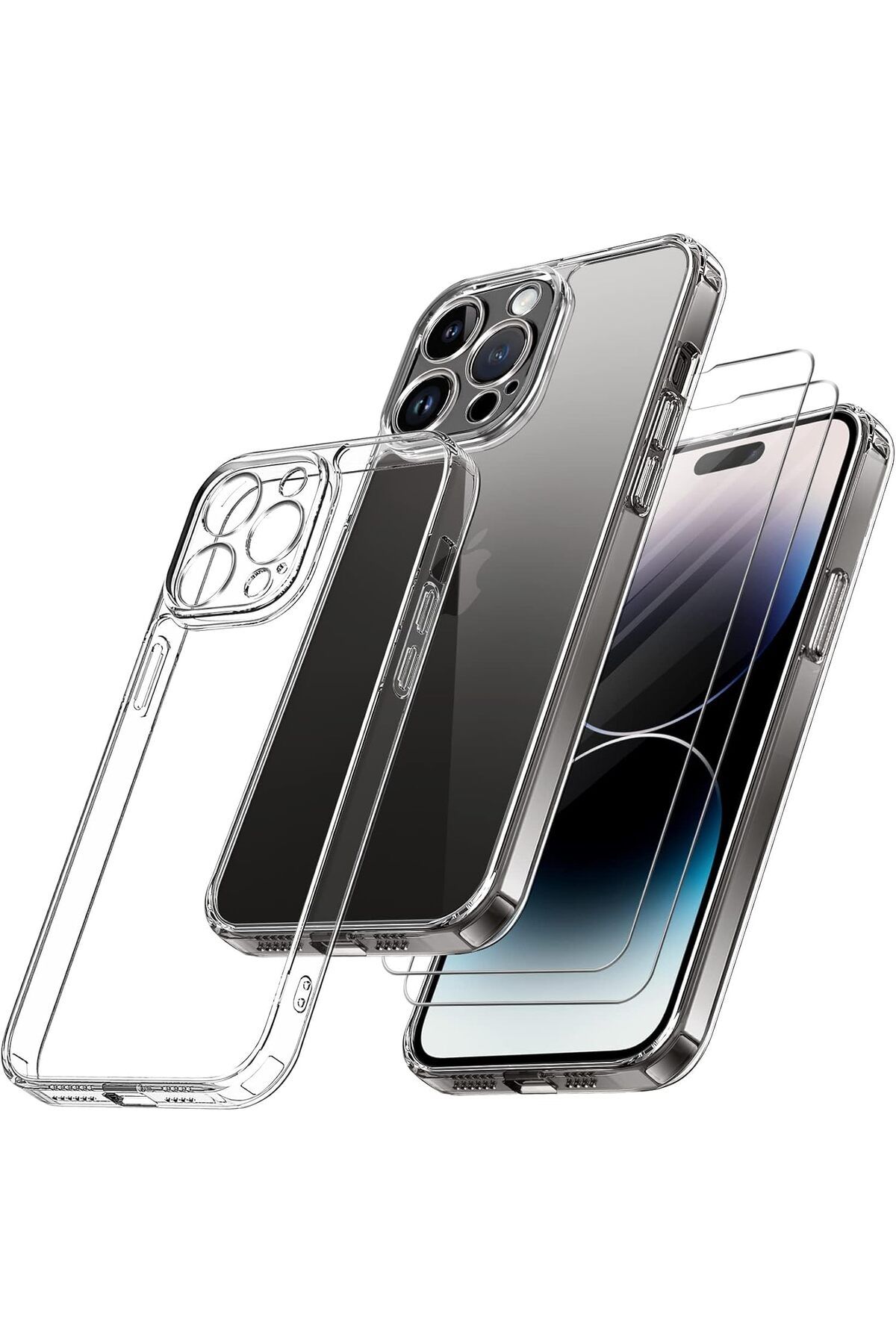 Rivor Apple iPhone 14 Pro Uyumlu Kılıf Kamera Çıkıntılı Şeffaf İnce Silikon Kapak + 9H Ekran Koruyucu Set