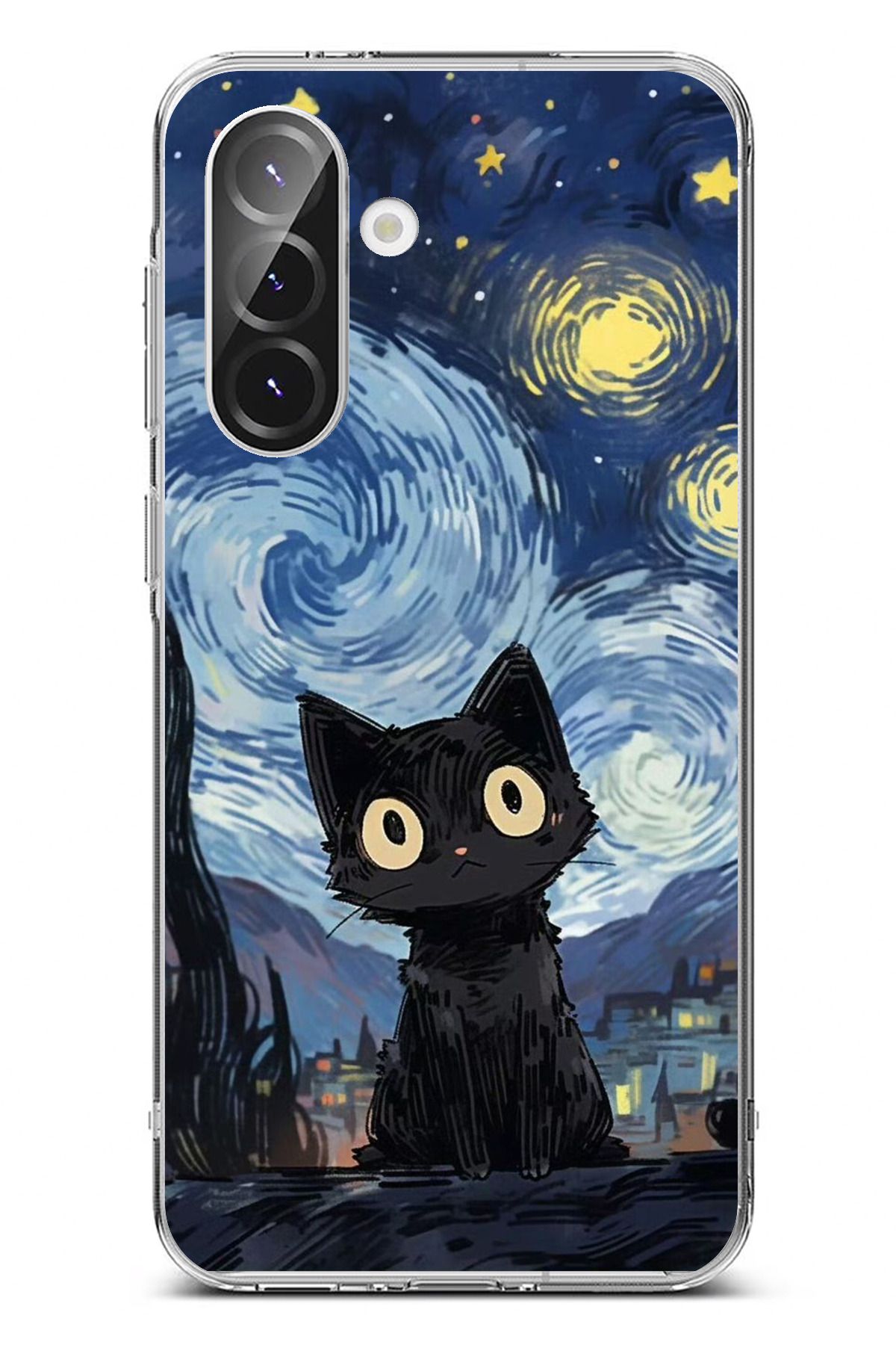 TechTree Galaxy A56 Uyumlu Gece Yarısı Kedi Tasarımlı Şeffaf Silikon Kılıf