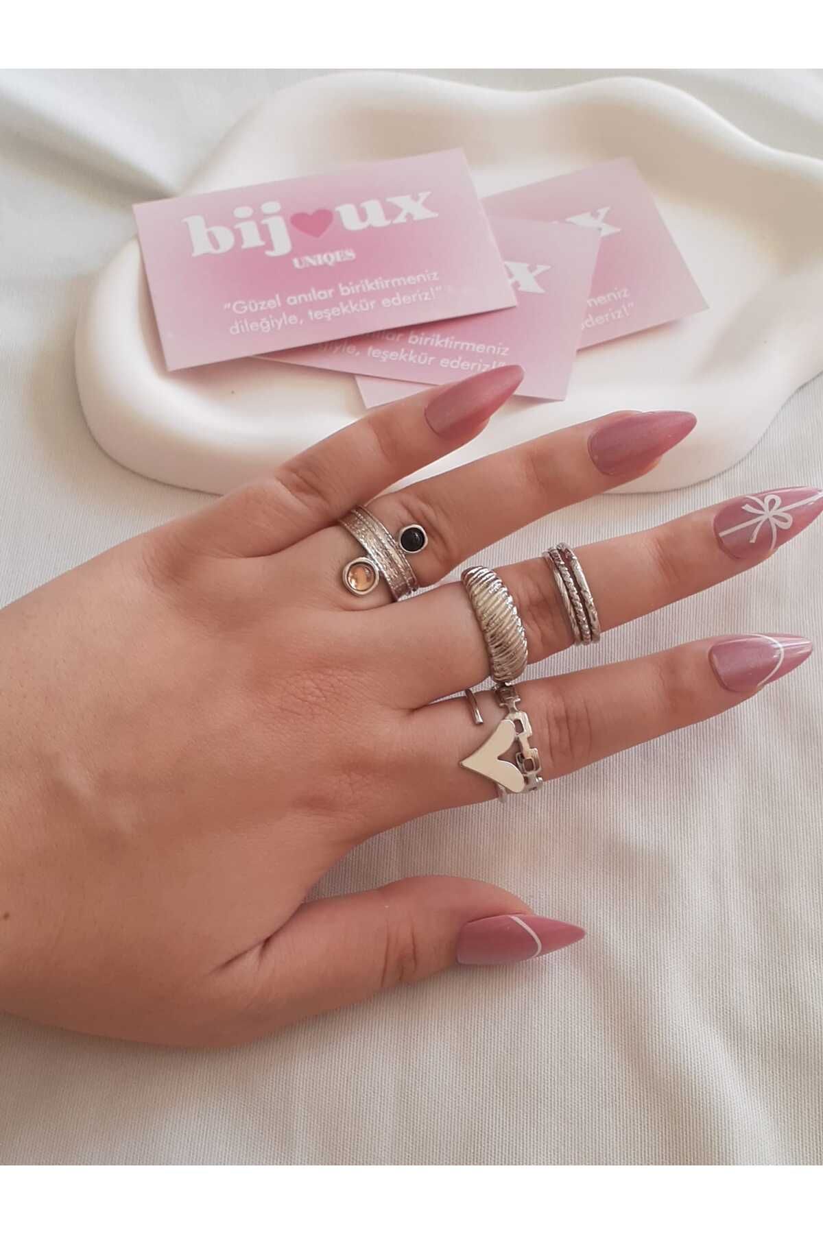 bijoux uniques 7li Kalpli Taşlı Gümüş Bijuteri Yüzük Seti