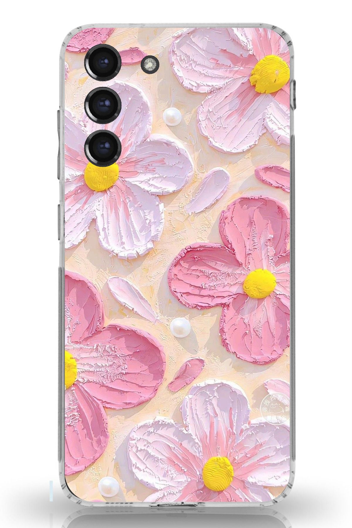 TechTree Galaxy S21 FE Uyumlu Pembe Beyaz Çiçekler Sulu Boya Şeffaf Silikon Kılıf