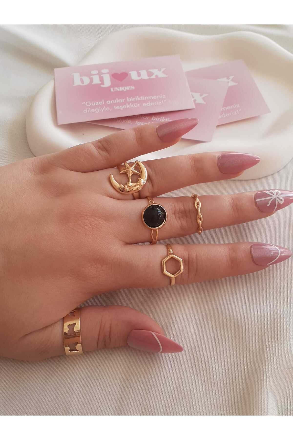 bijoux uniques 5li Ay&Yıldız Figürlü Gold Bijuteri Yüzük
