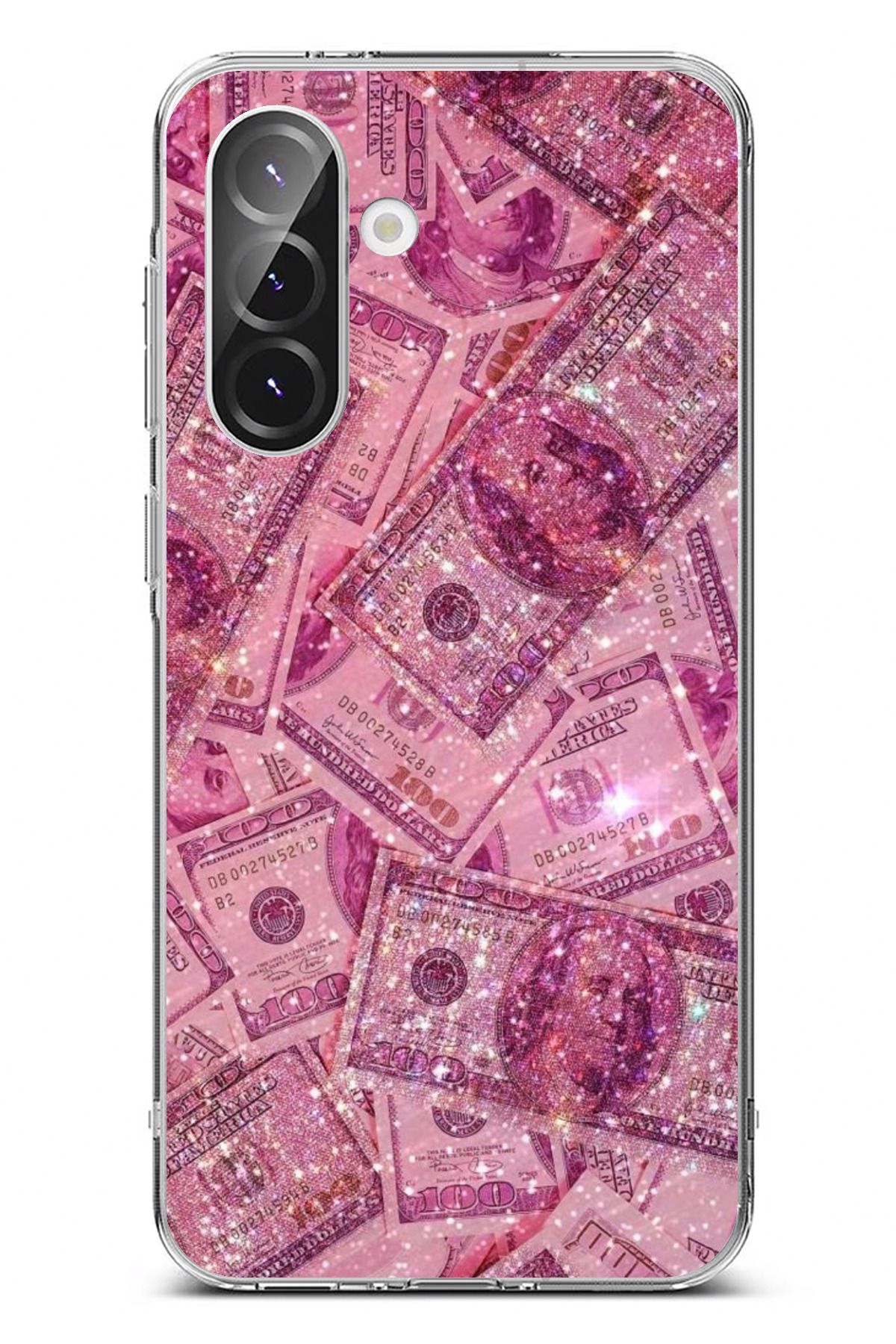 TechTree Galaxy A56 Uyumlu Pembe Işıltılı Dolarlar Şeffaf Silikon Kılıf