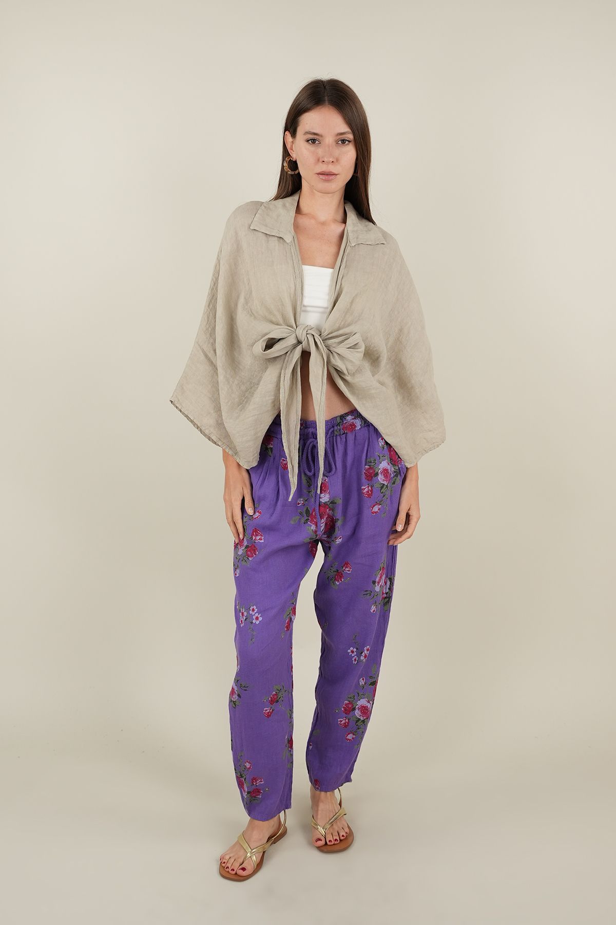 Ranasubaşı Rose Model Bağlamalı Keten Pantolon Mor