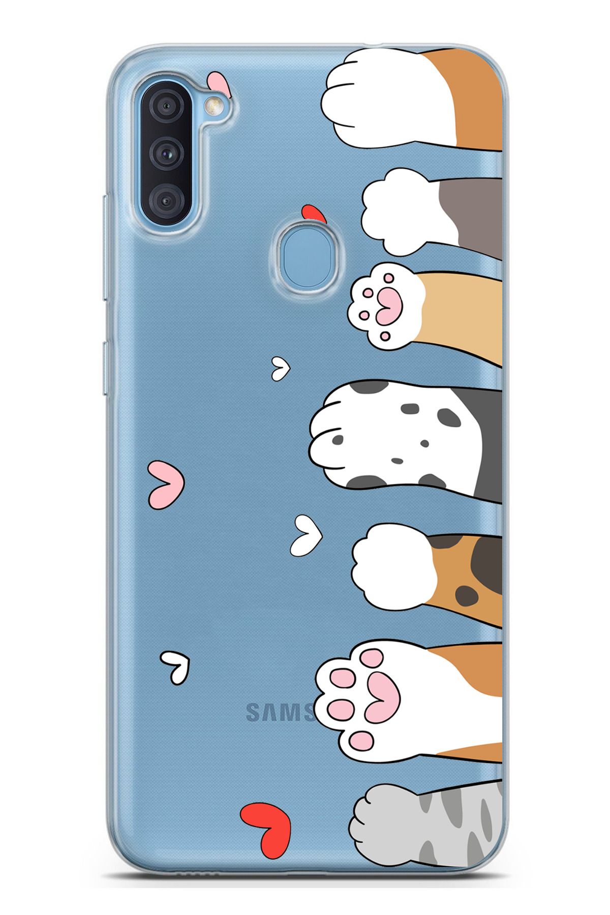 TechTree Galaxy A11 - M11 Uyumlu Sevimli Kedi Patiler Tasarımlı Şeffaf Silikon Kılıf