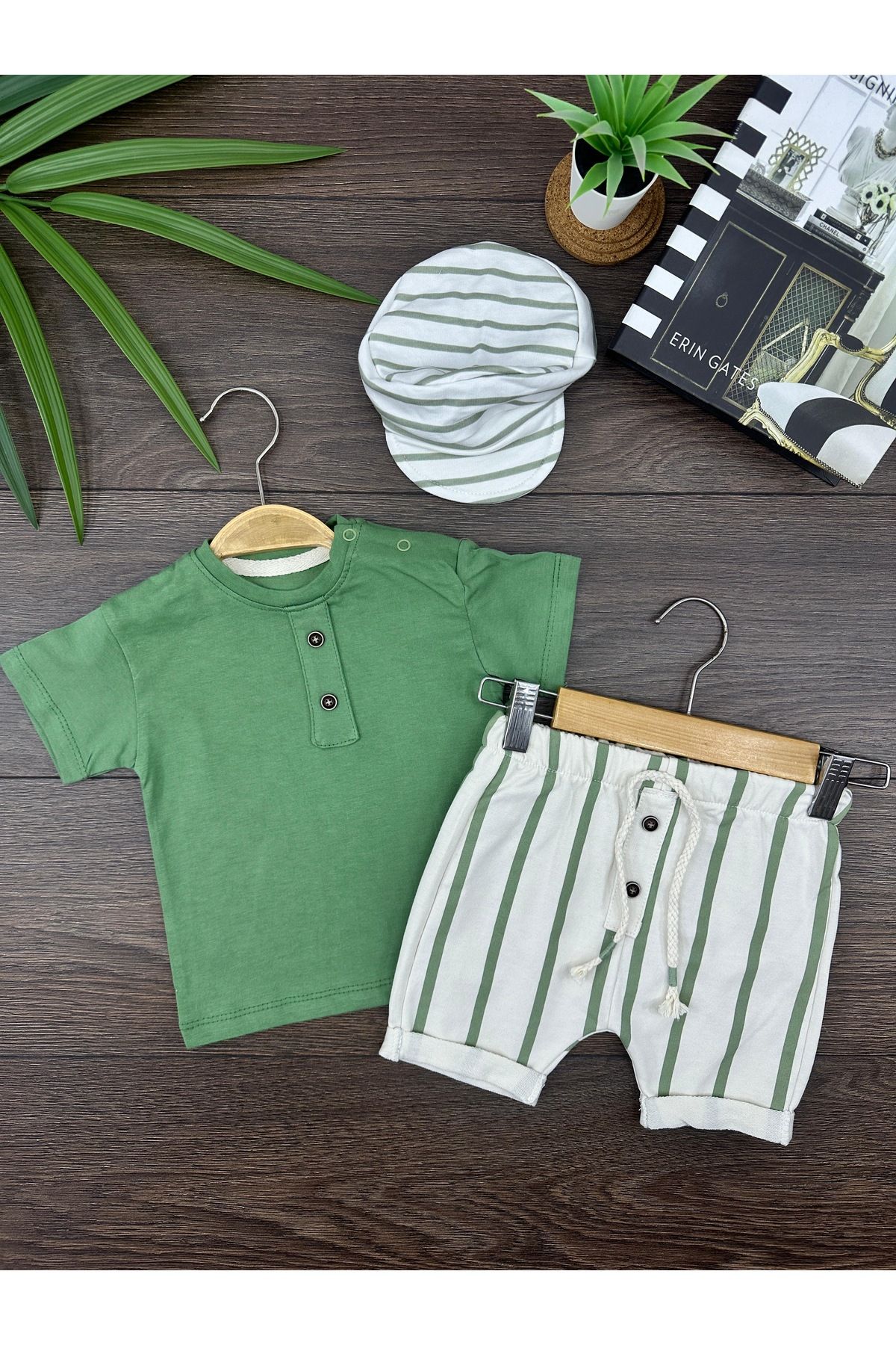 seanto Erkek Bebek 3’lü Yazlık Takım Şapkalı - Düğmeli Tshirt ve Şort Set