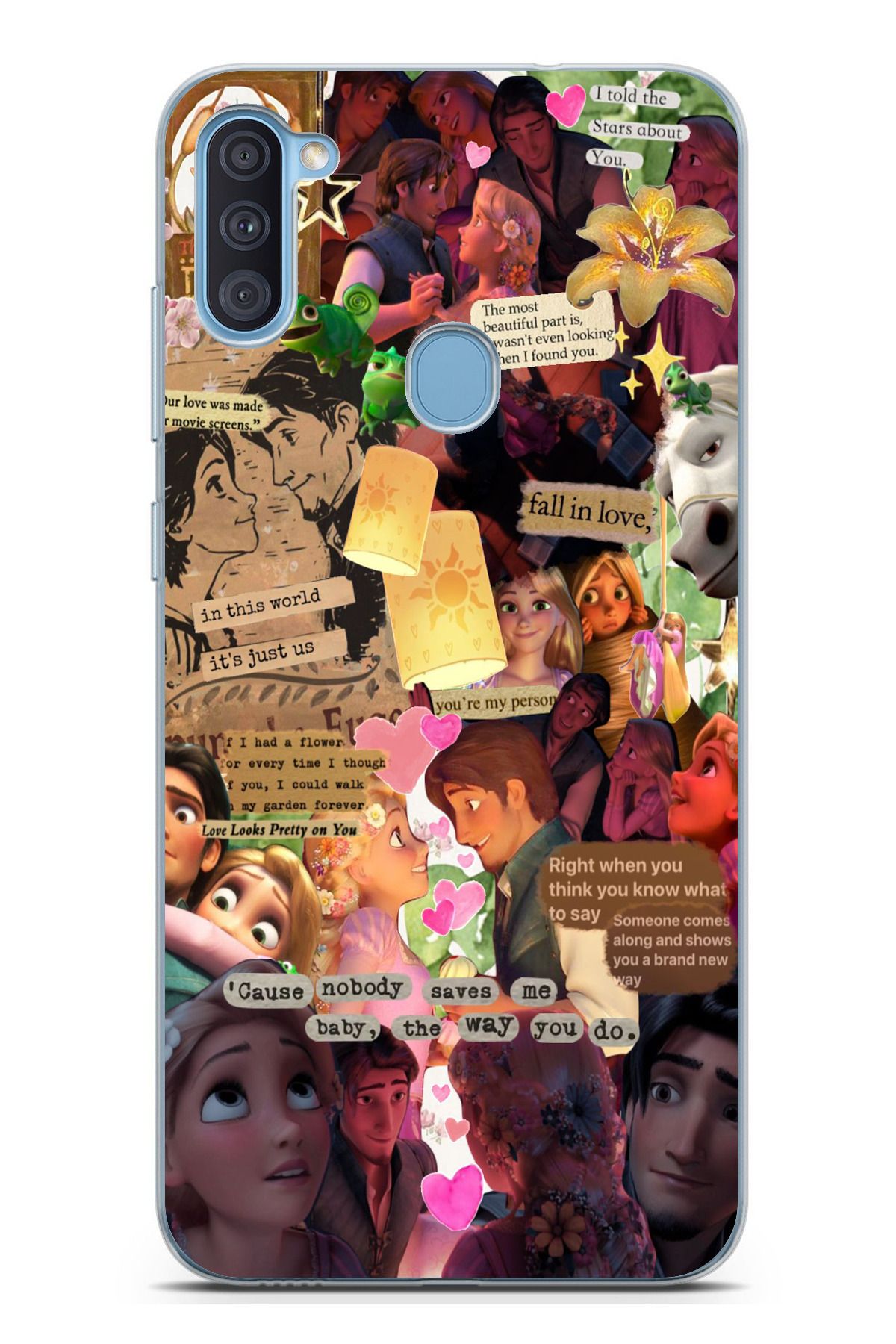 TechTree Galaxy A11 - M11 Uyumlu Rapunzel Tangled Çıkartma Kolaj Tasarımlı Şeffaf Silikon Kılıf