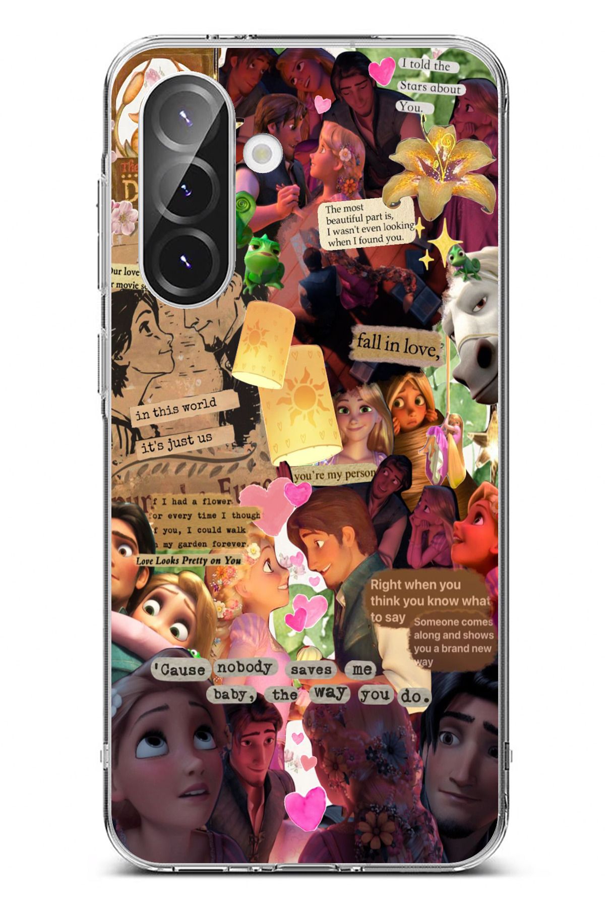 TechTree Galaxy A56 Uyumlu Rapunzel Tangled Çıkartma Kolaj Tasarımlı Şeffaf Silikon Kılıf