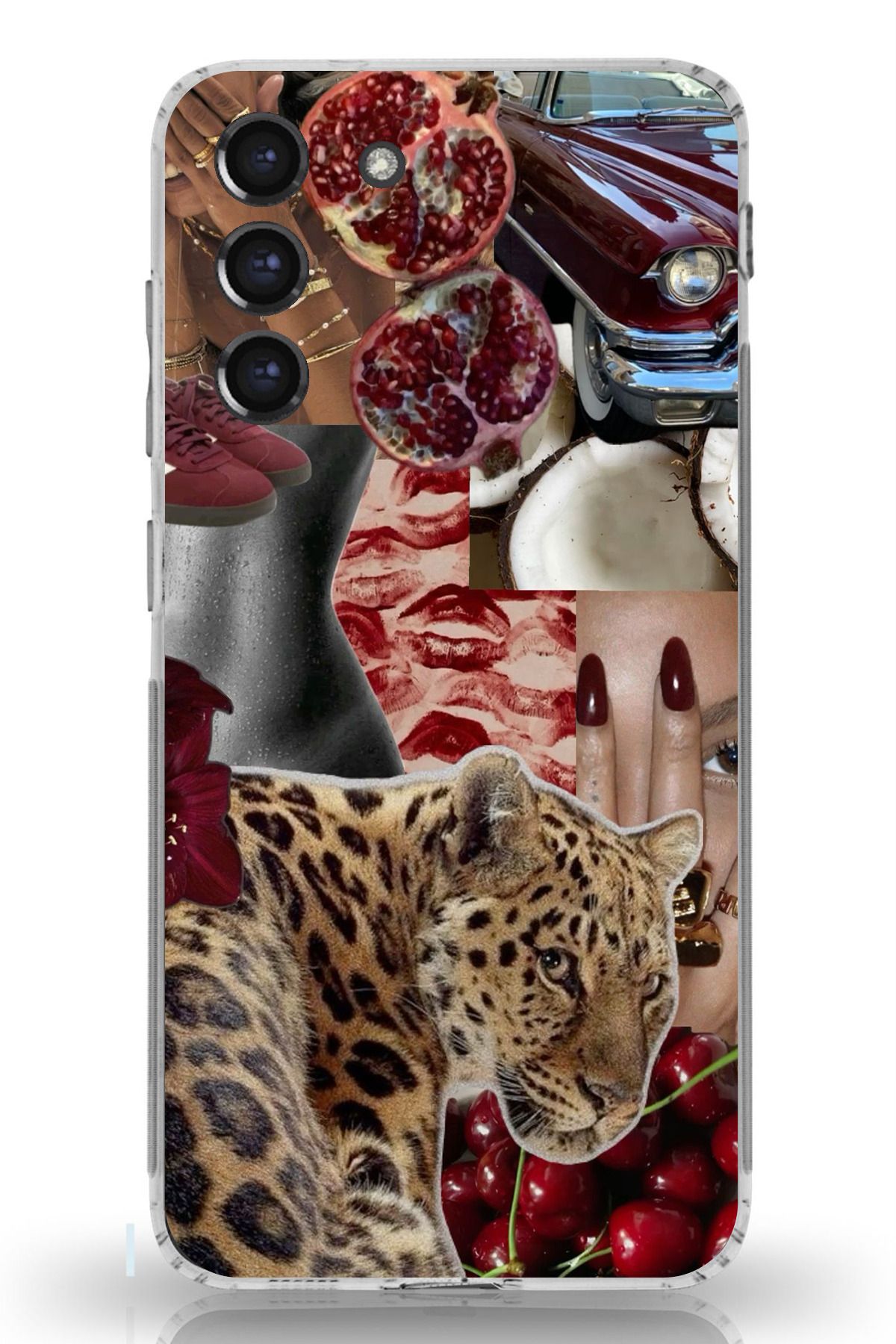 TechTree Galaxy S21 FE Uyumlu Leopar Kırmızı Vibes Şeffaf Silikon Kılıf