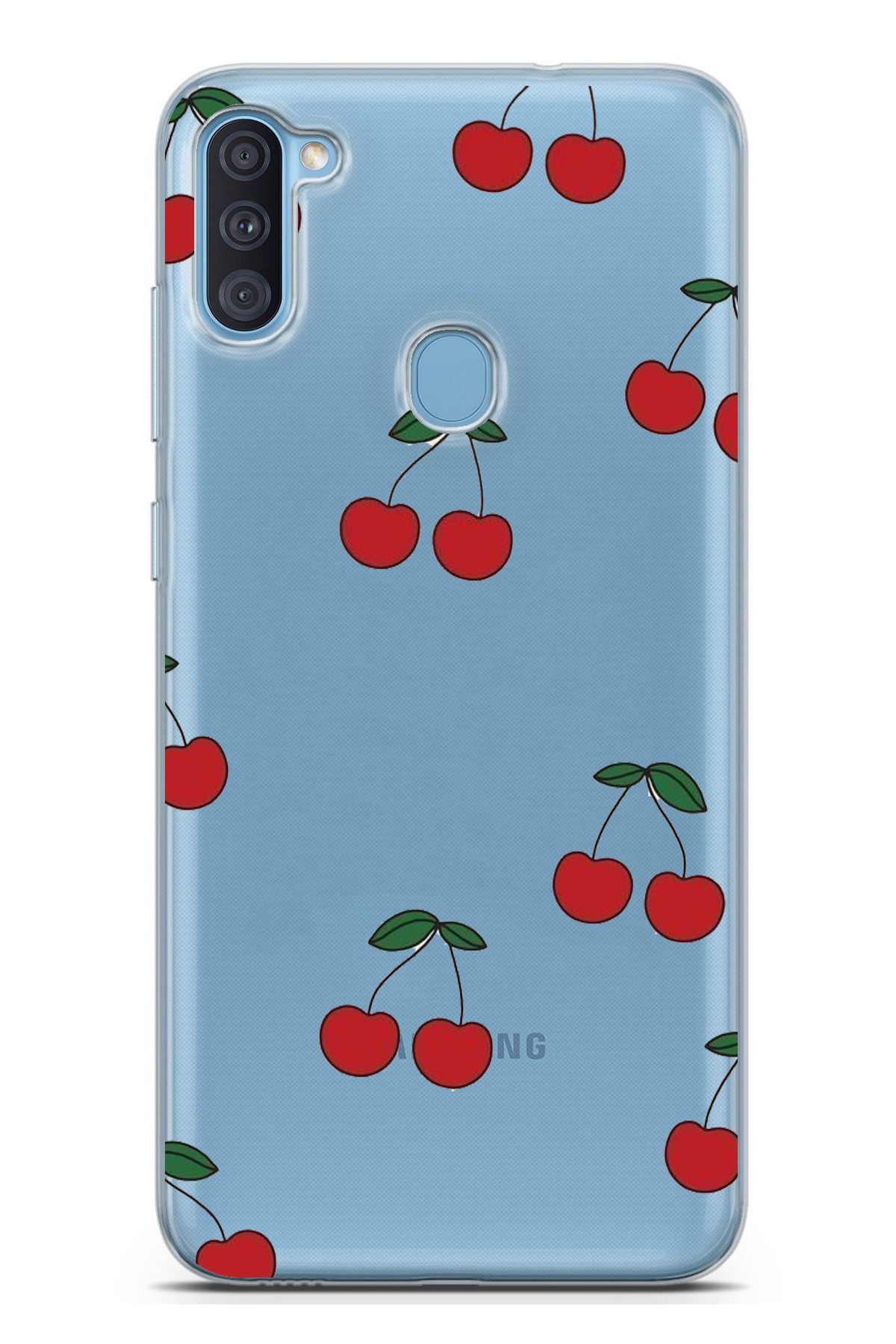 TechTree Galaxy A11 - M11 Uyumlu Kirazlar Tasarımlı Şeffaf Silikon Kılıf