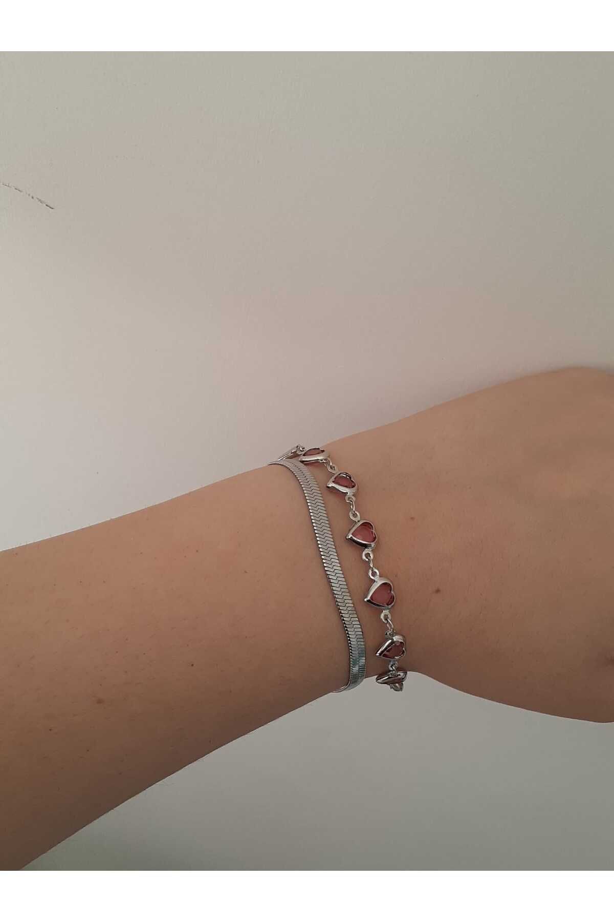 bijoux uniques 2li Pembe Kalpli Italyan Zinciri Çelik Bileklik Seti