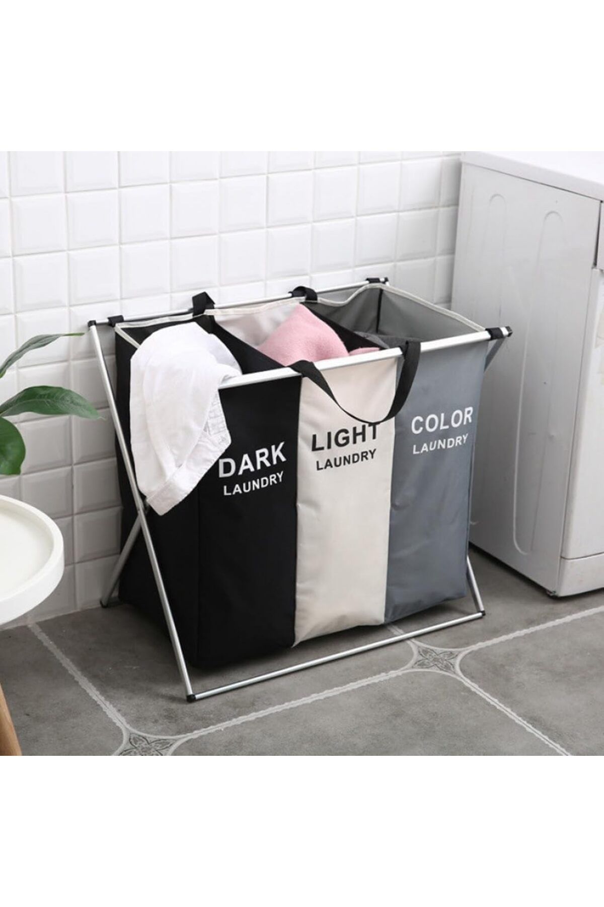 1st-Large Collapsible Laundry Basket with 3 Sections and Handle for Bathroom 4