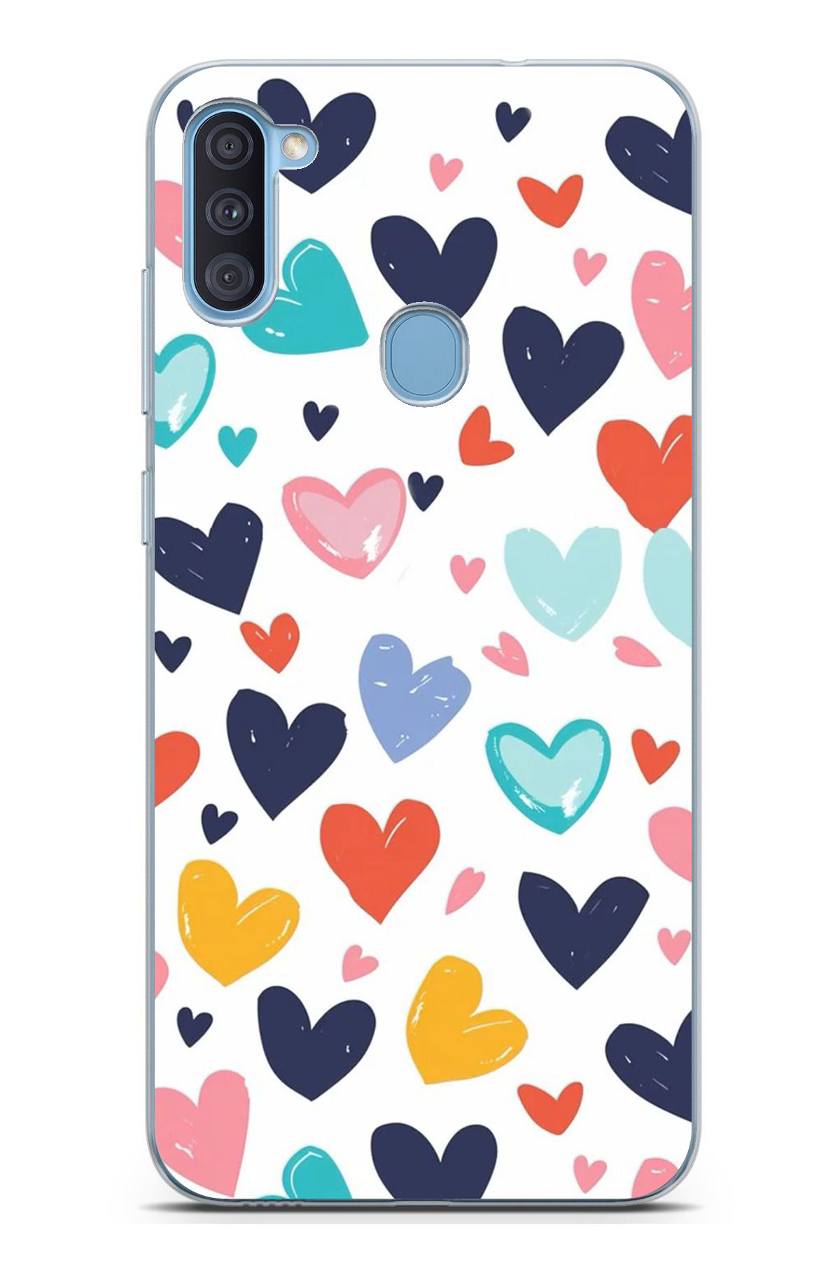 TechTree Galaxy A11 - M11 Uyumlu Rengarenk Kalpler Tasarımlı Şeffaf Silikon Kılıf