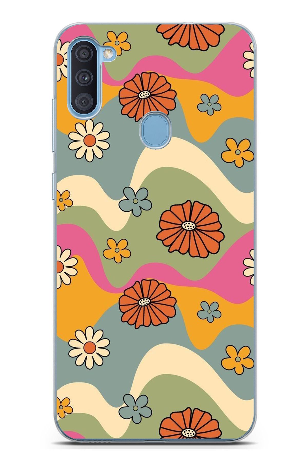 TechTree Galaxy A11 - M11 Uyumlu Renkli Retro Çiçekler Tasarımlı Şeffaf Silikon Kılıf
