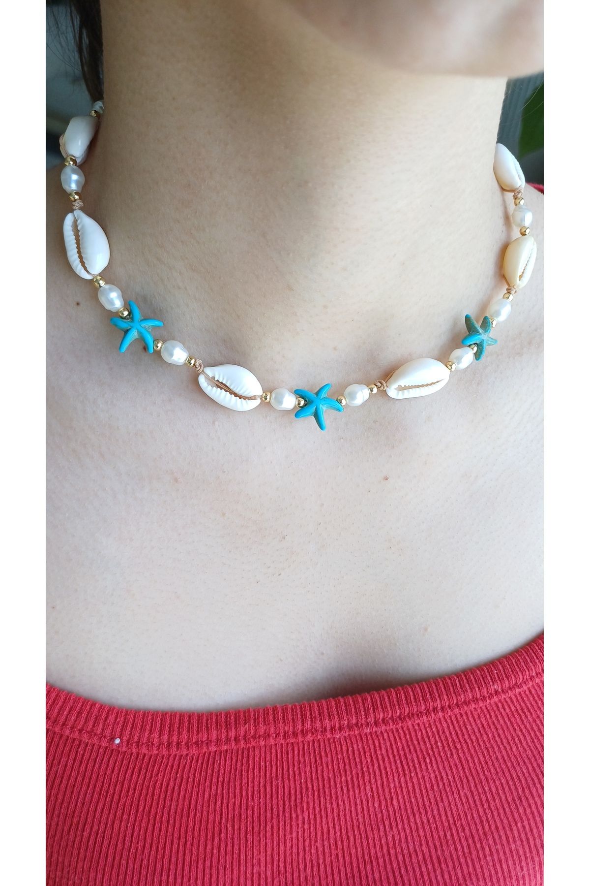 Jewerly Deniz kabuğu , mavi yıldızlı ,beyaz incili kolye