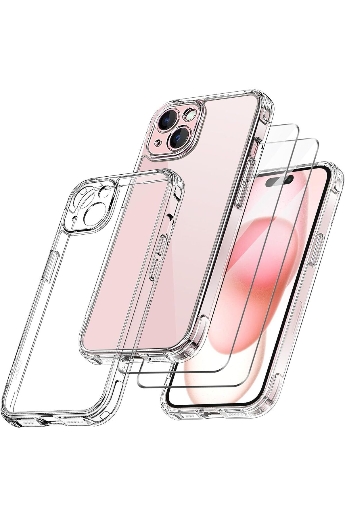 Rivor Apple iPhone 15 Uyumlu Kılıf Kamera Çıkıntılı Şeffaf İnce Silikon Kapak + 9H Ekran Koruyucu Set