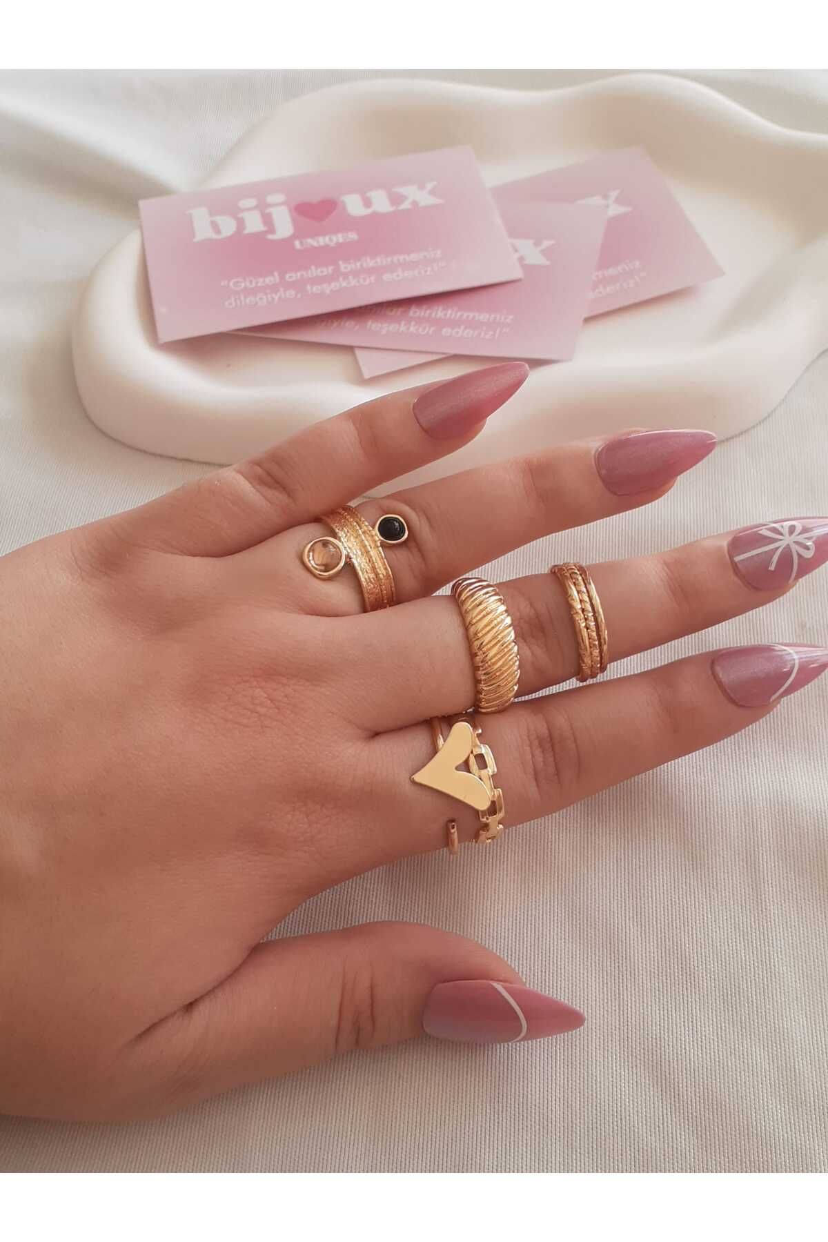 bijoux uniques 7li Kalpli Taşlı Gold Bijuteri Yüzük Seti