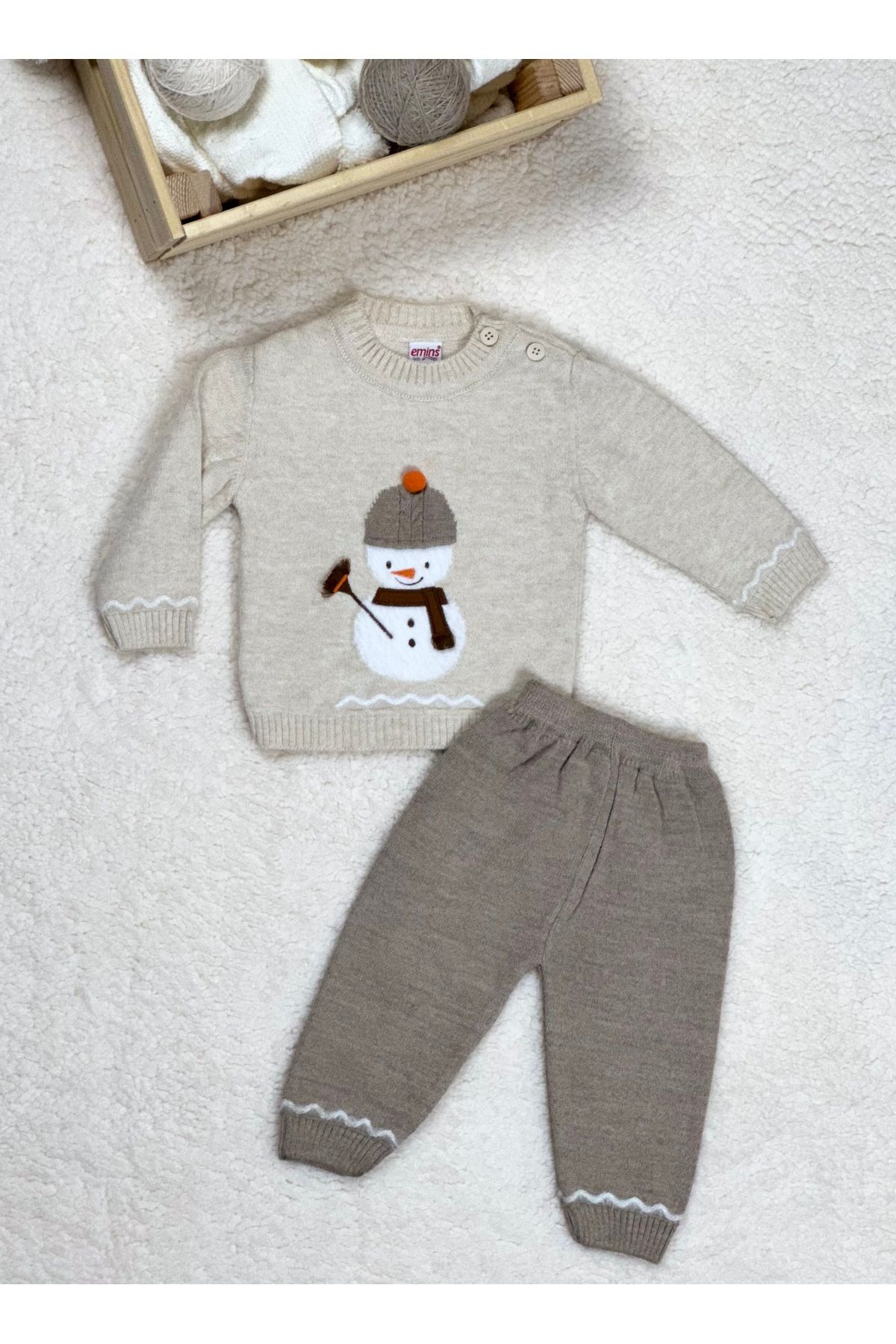 E&S EMİN'S emins Triko Erkek Bebek Sevimli Kardan Adam Süs Detaylı Desenli Üst Beli Lastikli Pantolon Takım