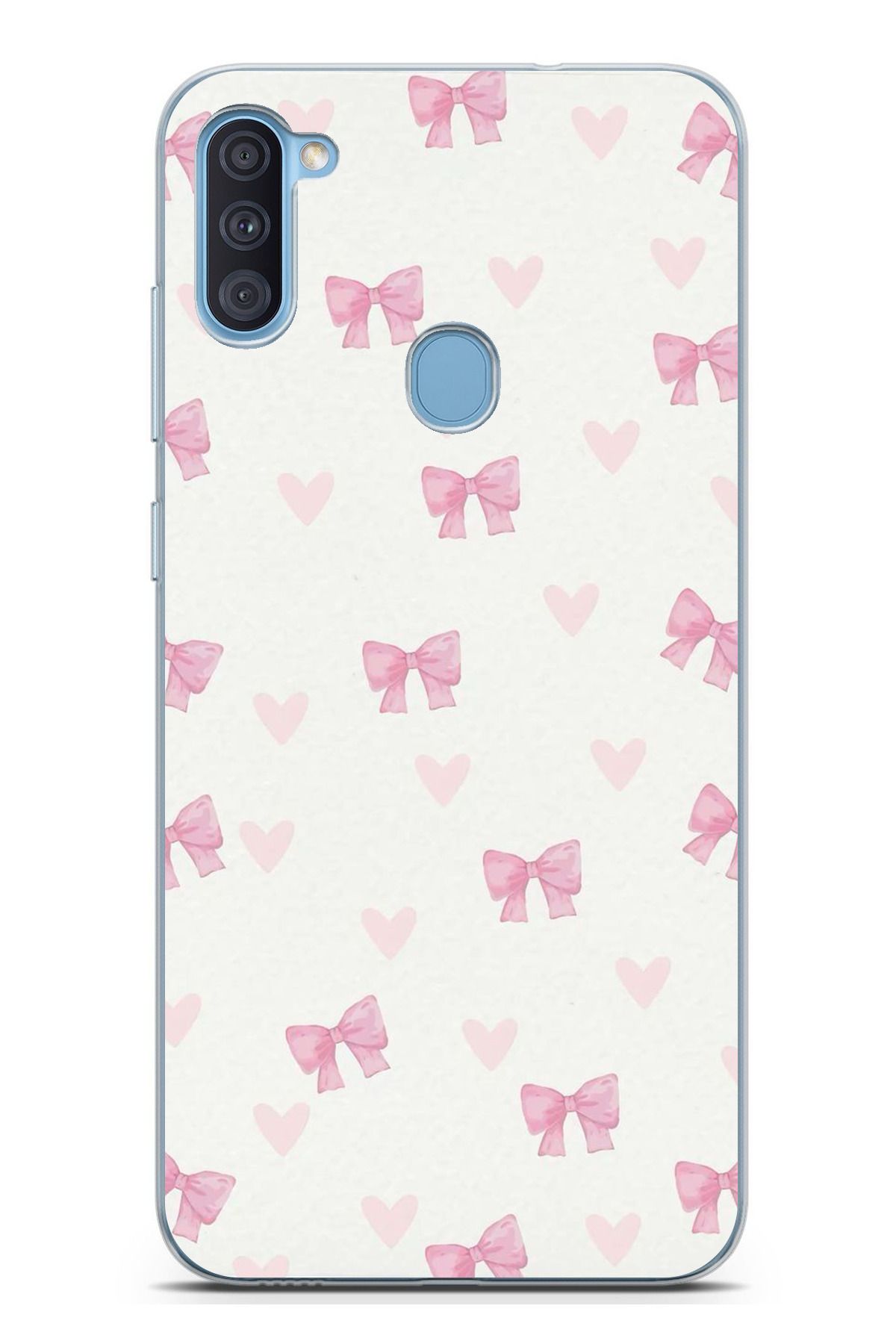 TechTree Galaxy A11 - M11 Uyumlu Fiyonklar ve Pembe Kalpler Şeffaf Silikon Kılıf