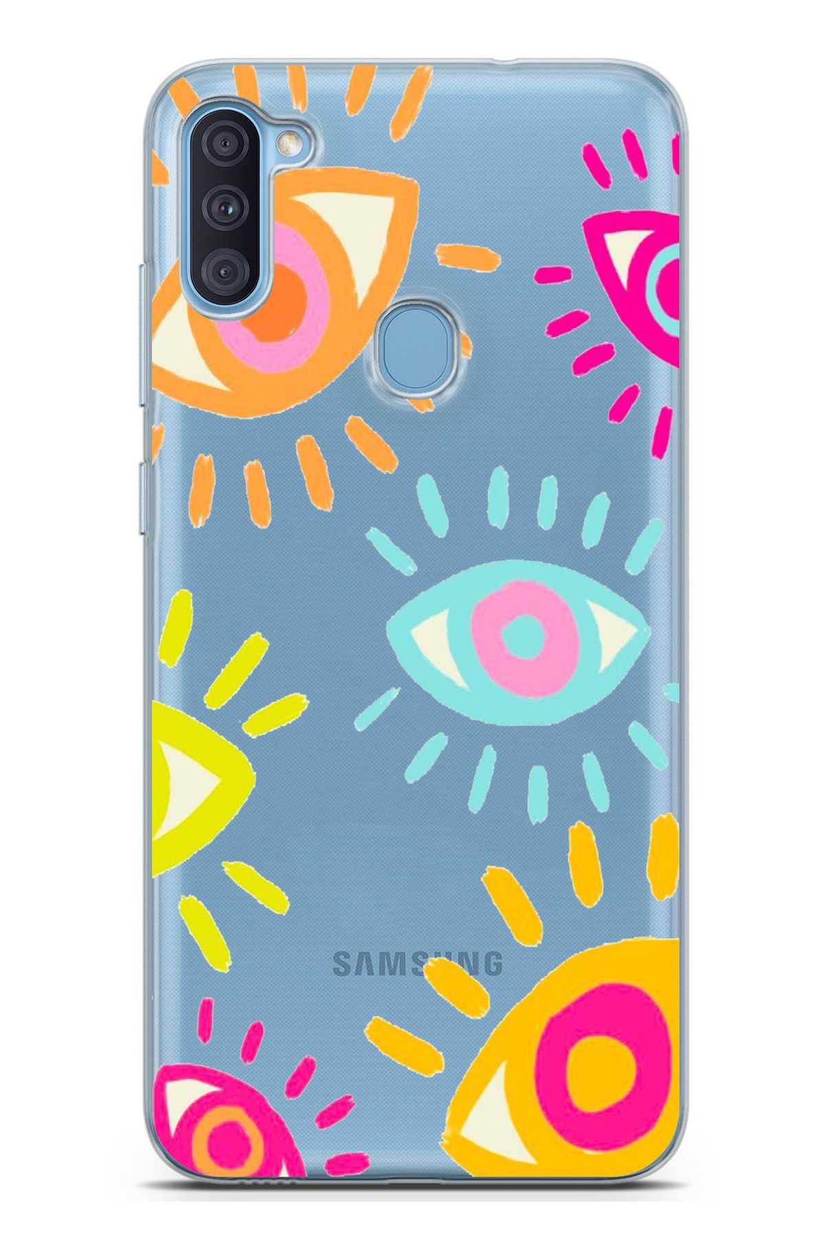 TechTree Galaxy A11 - M11 Uyumlu Renkli Nazar Gözler Tasarımlı Şeffaf Silikon Kılıf