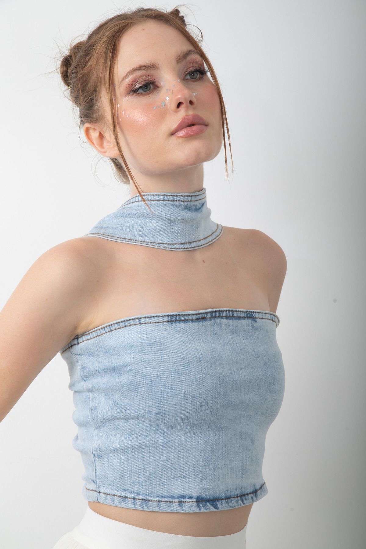 top girl Boyundan Askılı Straplez Mavi Kot Crop Büstiyer Bluz