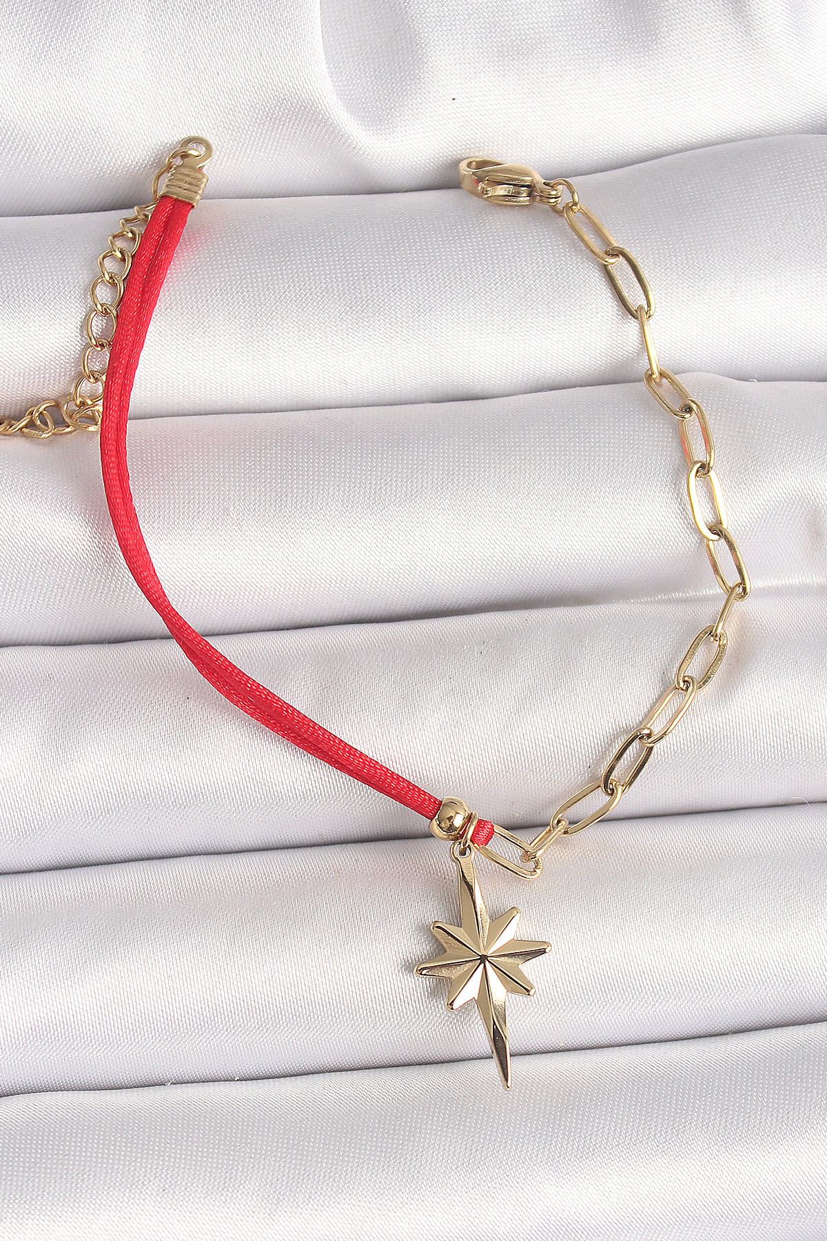 STYLE OF CARMEN 316L Çelik Gold Renk Zincir Kırmızı İp Model Sallantı Kutup Yıldız Figür Kadın Bileklik