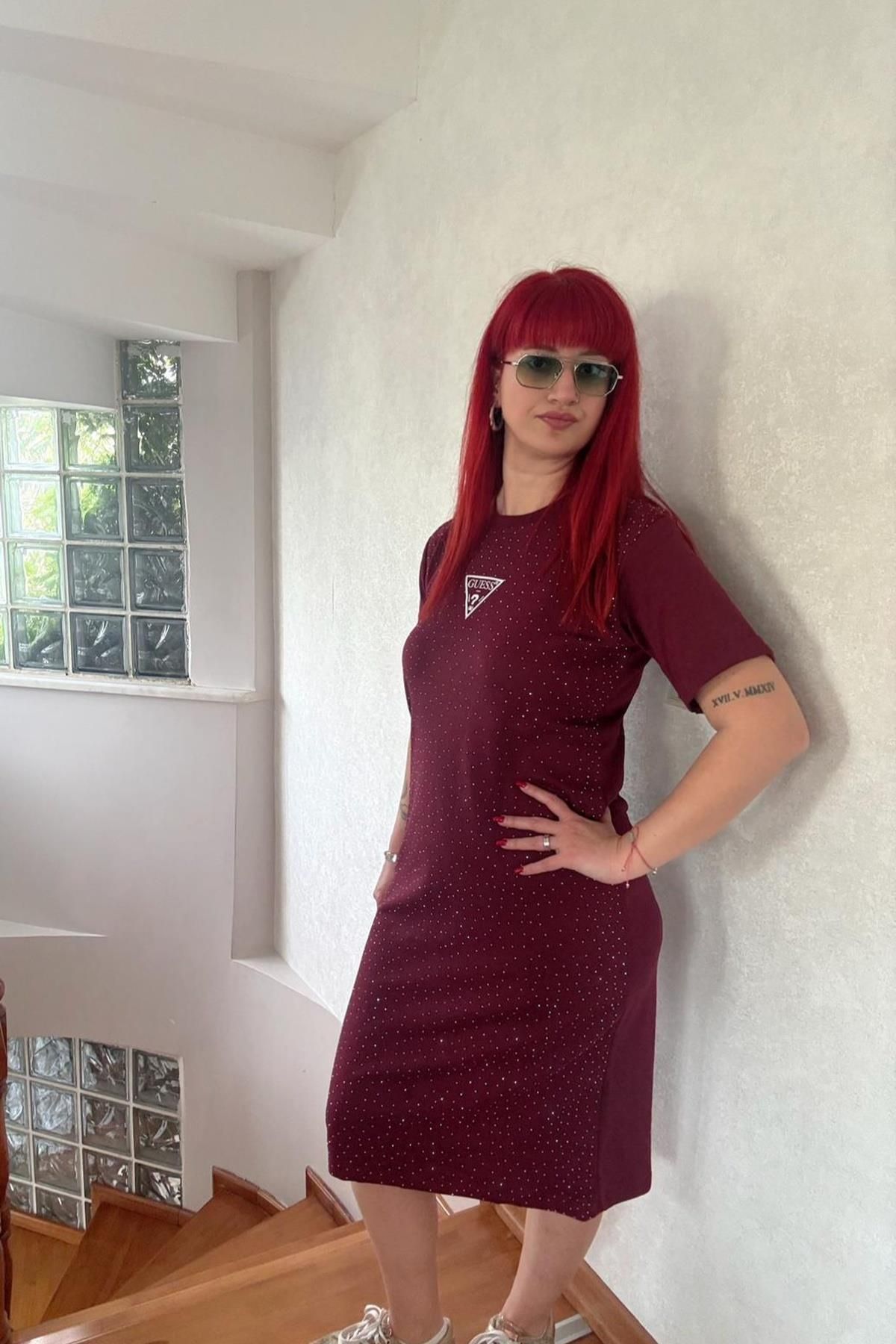 Derya butik Bordo Serpme Taşlı Elbise