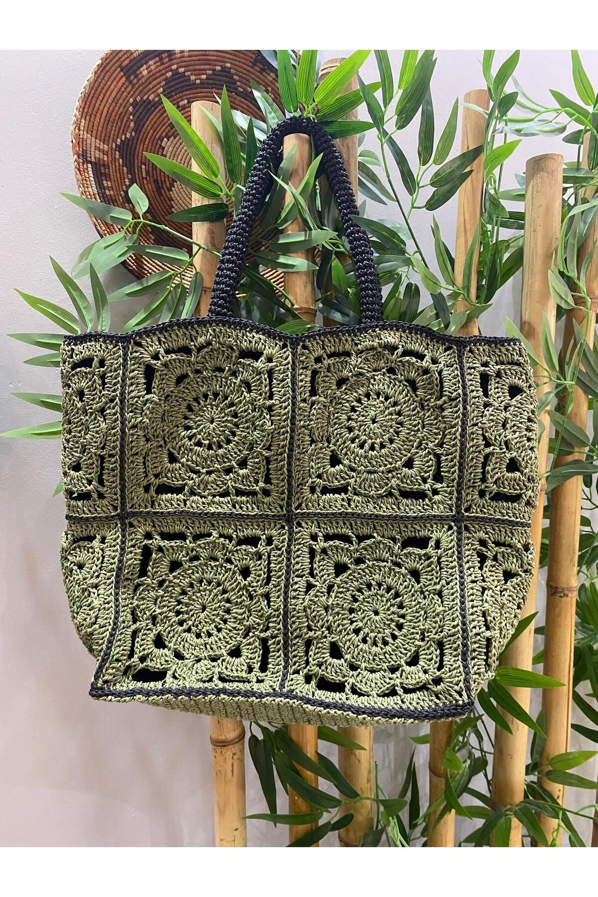 KÜBRA UYAN JEWELRY Motifli Makrome Çanta, Büyük Plaj Çantası, Örgü Omuz Çantası, Yazlık Hasır Çanta, Özel Tasarım Çanta