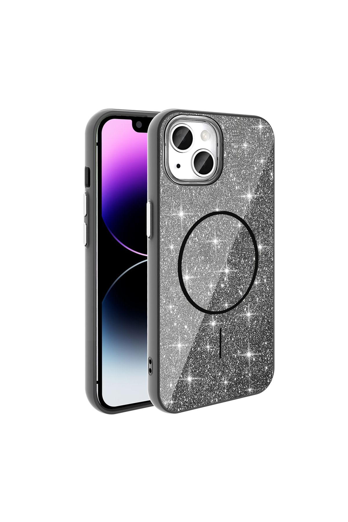 batuteknoloji Apple iPhone 13 Kılıf M-safe Şarj Özellikli Parlayan Simli Zore Okso Kapak