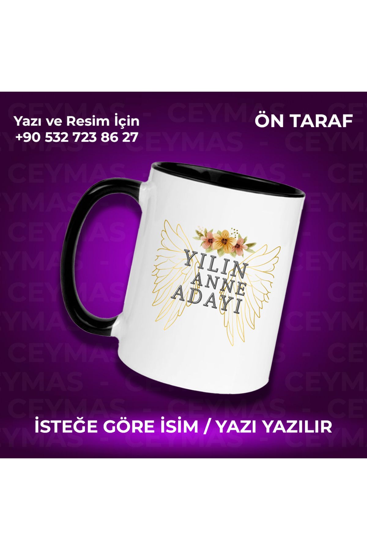 Ceymas Hediyelik Kişiye Özel İsimli Yılın Annesi Renkli Kupa Bardak Kahve Fincanı