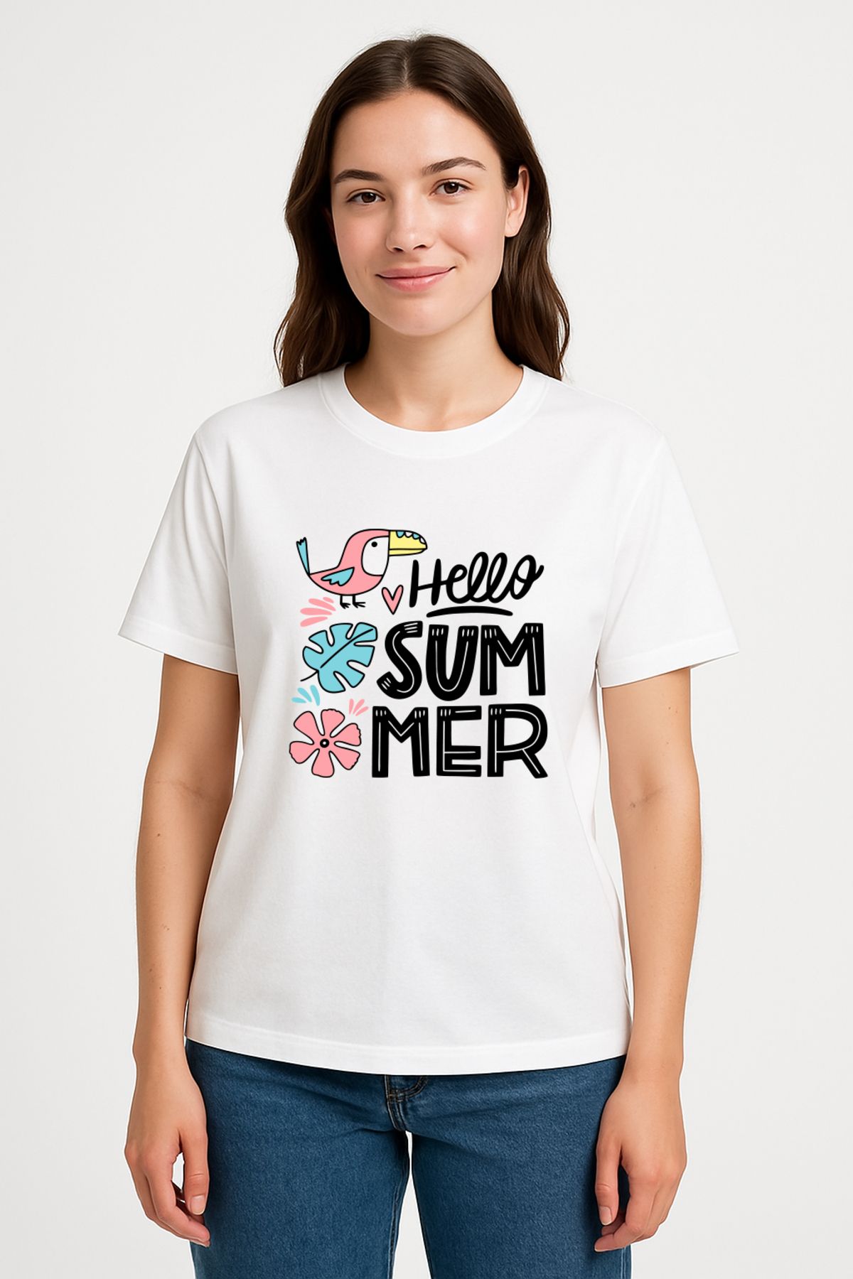 Let's Wear Hello Summer Baskılı Bisiklet Yakalı Premium Kadınlar Için Tshirt
