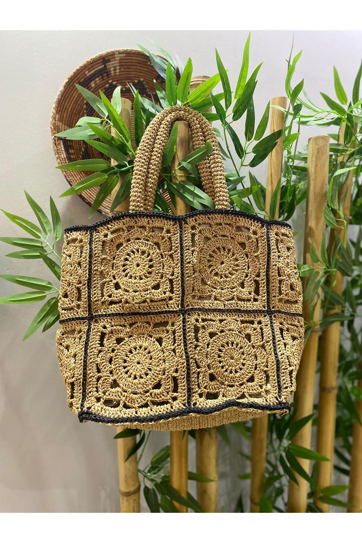 KÜBRA UYAN JEWELRY Motifli Makrome Çanta, Büyük Plaj Çantası, Örgü Omuz Çantası, Yazlık Hasır Çanta, Özel Tasarım Çanta