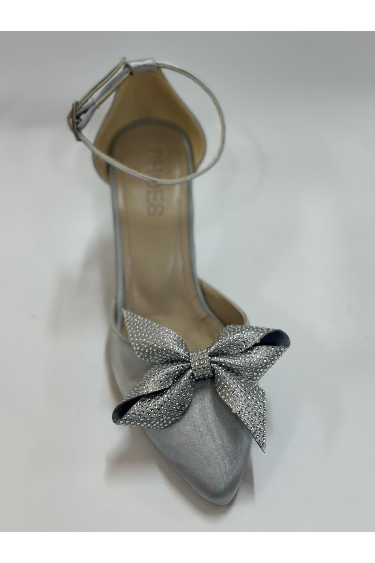 LINASHOES07 Saten Taş Detaylı Fiyonk Kadın Topuklu Ayakkabı