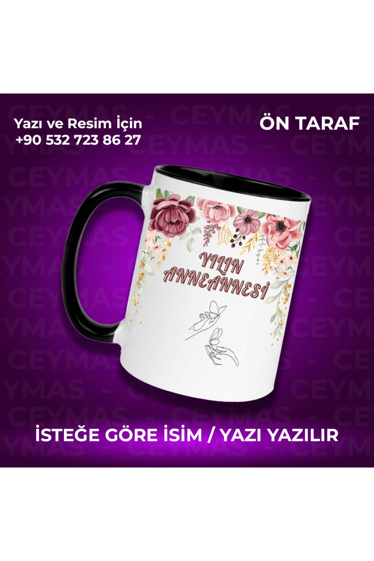 Ceymas Hediyelik Kişiye Özel İsim Baskılı Yılın Anneannesi Renkli Kupa Bardak