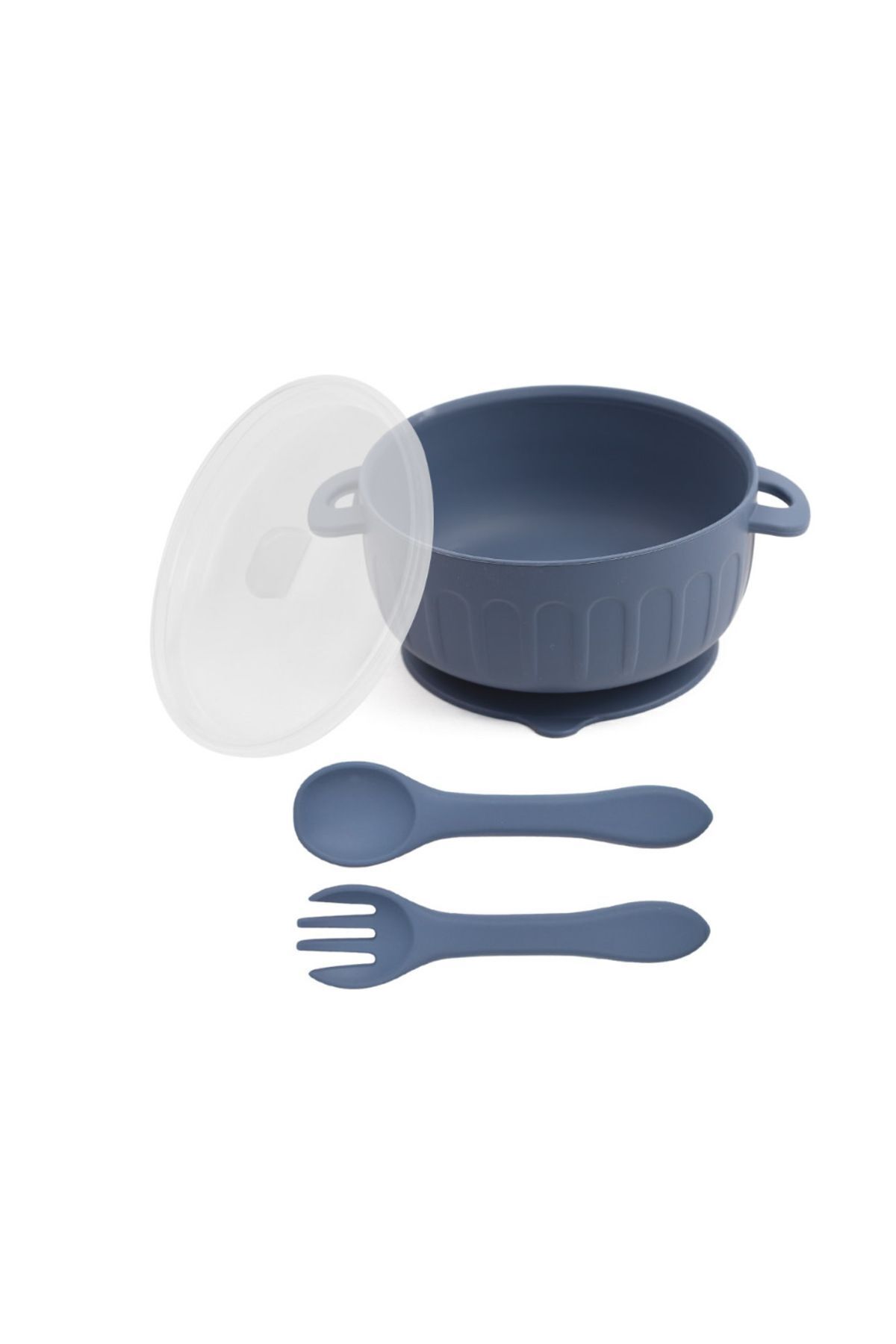 jojobebek-Silicone Feeding Set Silicone Vacuum Lid Baby Bowl, Apron, Fork-Spoon / Navy Blue 2