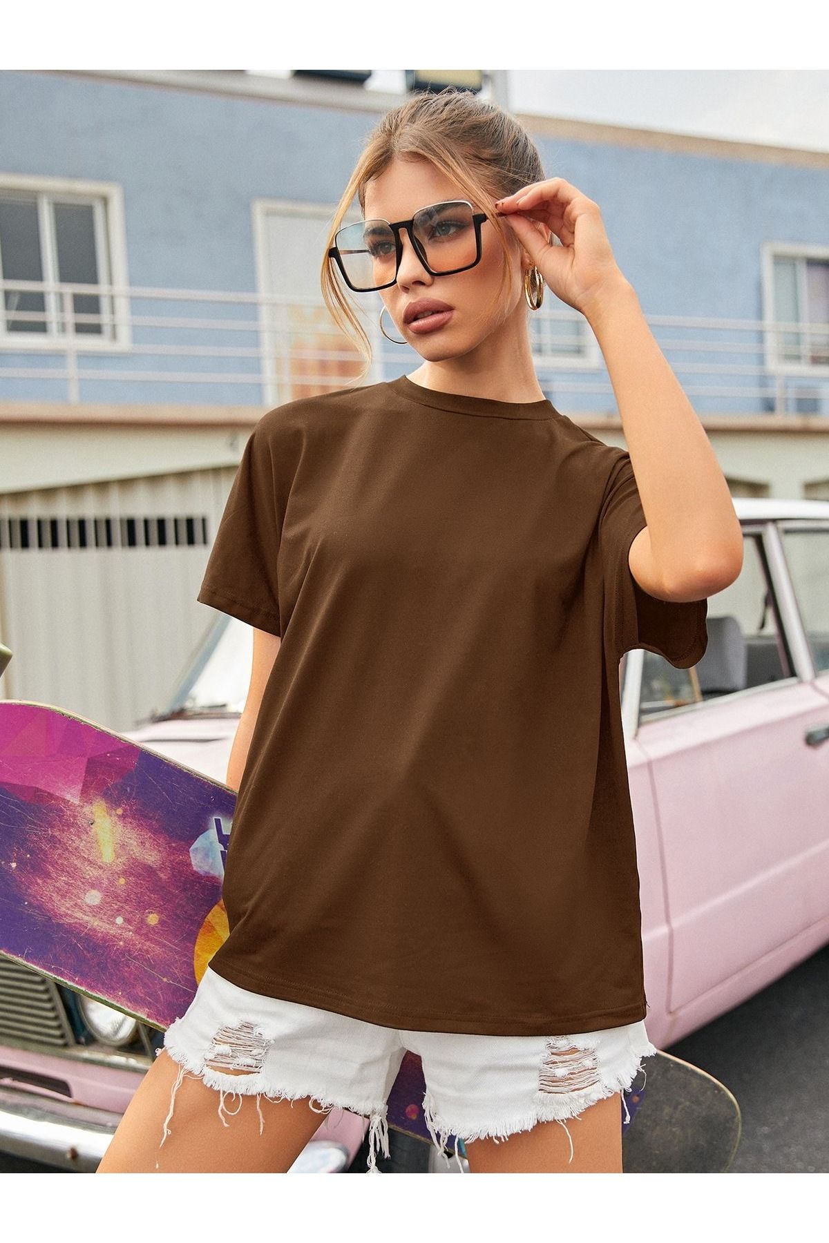 EQİ Kahverengi düz sıfır yaka T-shirt