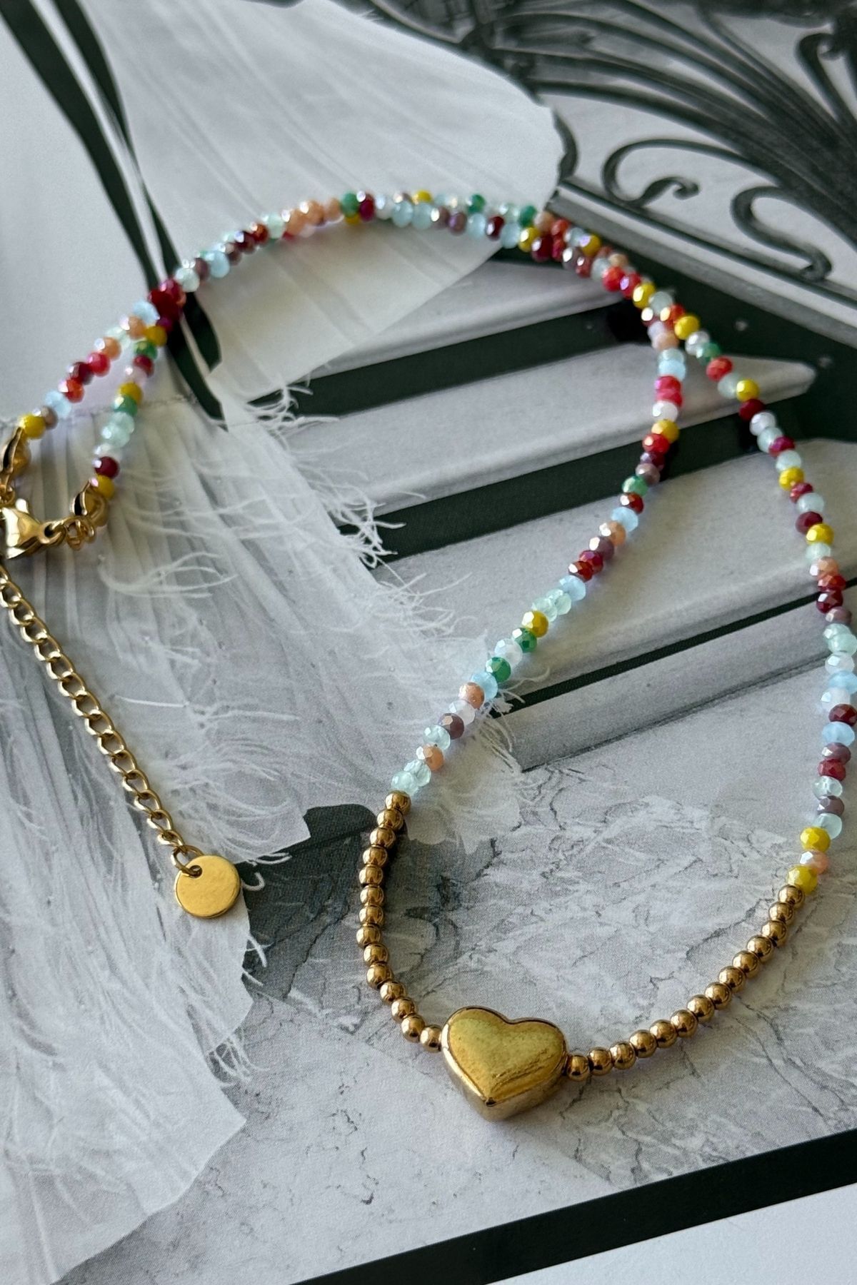 Trendy Butik Çelik Renkli Boncuklu Kalp Kolye
