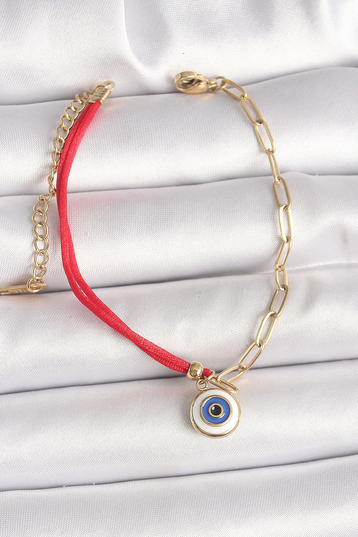 STYLE OF CARMEN 316L Çelik Gold Renk Zincir Kırmızı İp Model Sallantı Nazar Boncuk Figür Kadın Bileklik