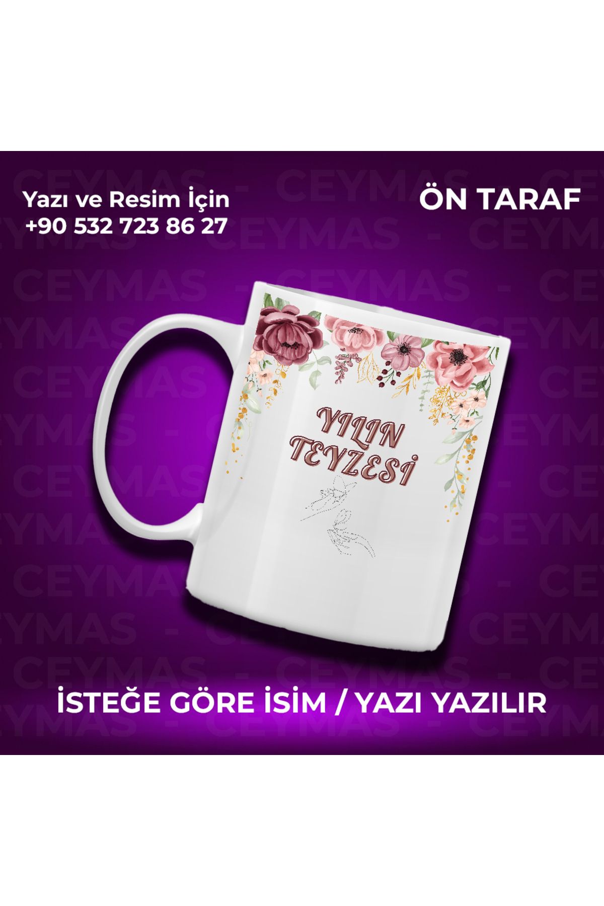 Ceymas Hediyelik Kişiye Özel İsimli Yılın Teyzesi Baskılı Hediyelik Renkli Kupa Bardak