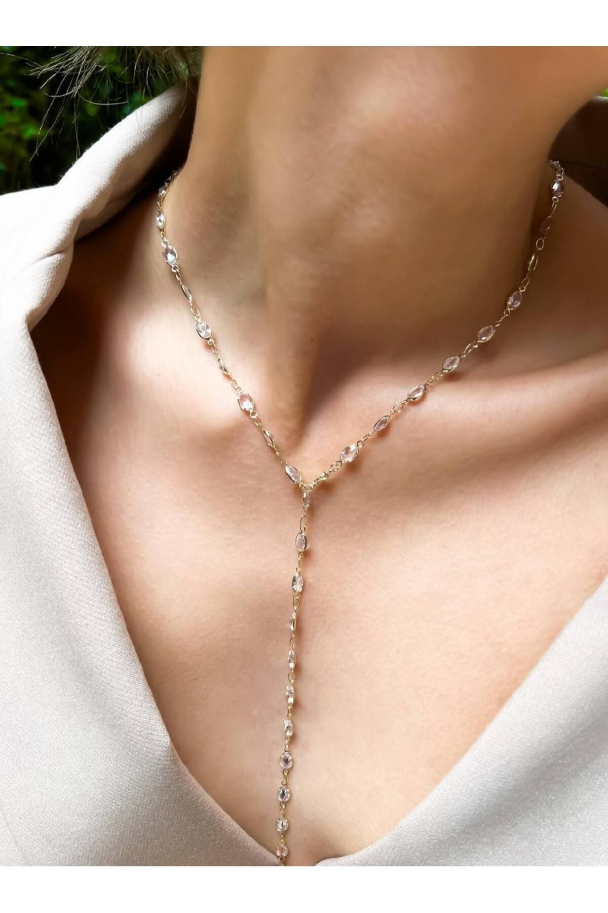 lysiaaccessory Gold Beyaz Zirkon Taşlı Y Model Dekolte Kolyesi