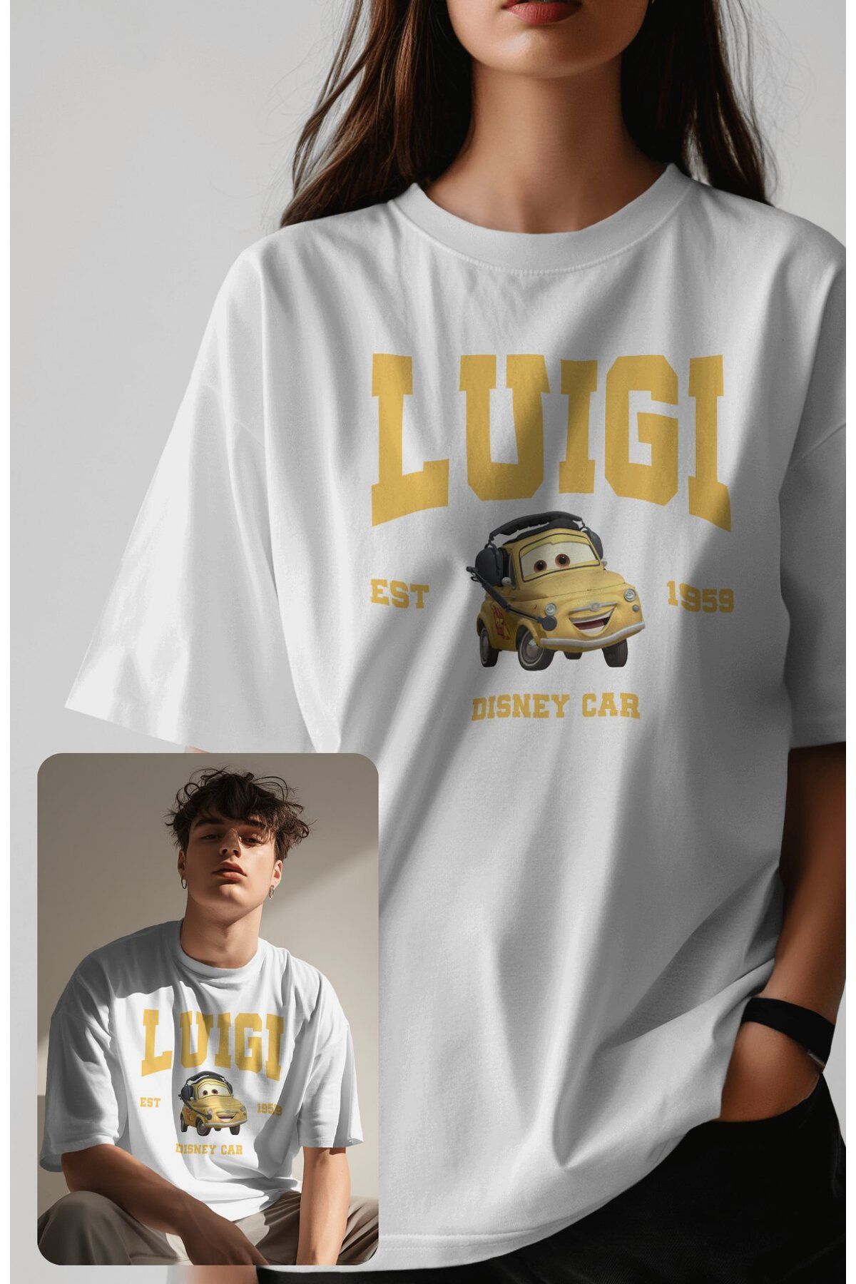 Fuddy Moda Unisex Arabalar Luigi Est 1959 Baskılı Tişört, Oversize Cars Film Temalı T-Shirt