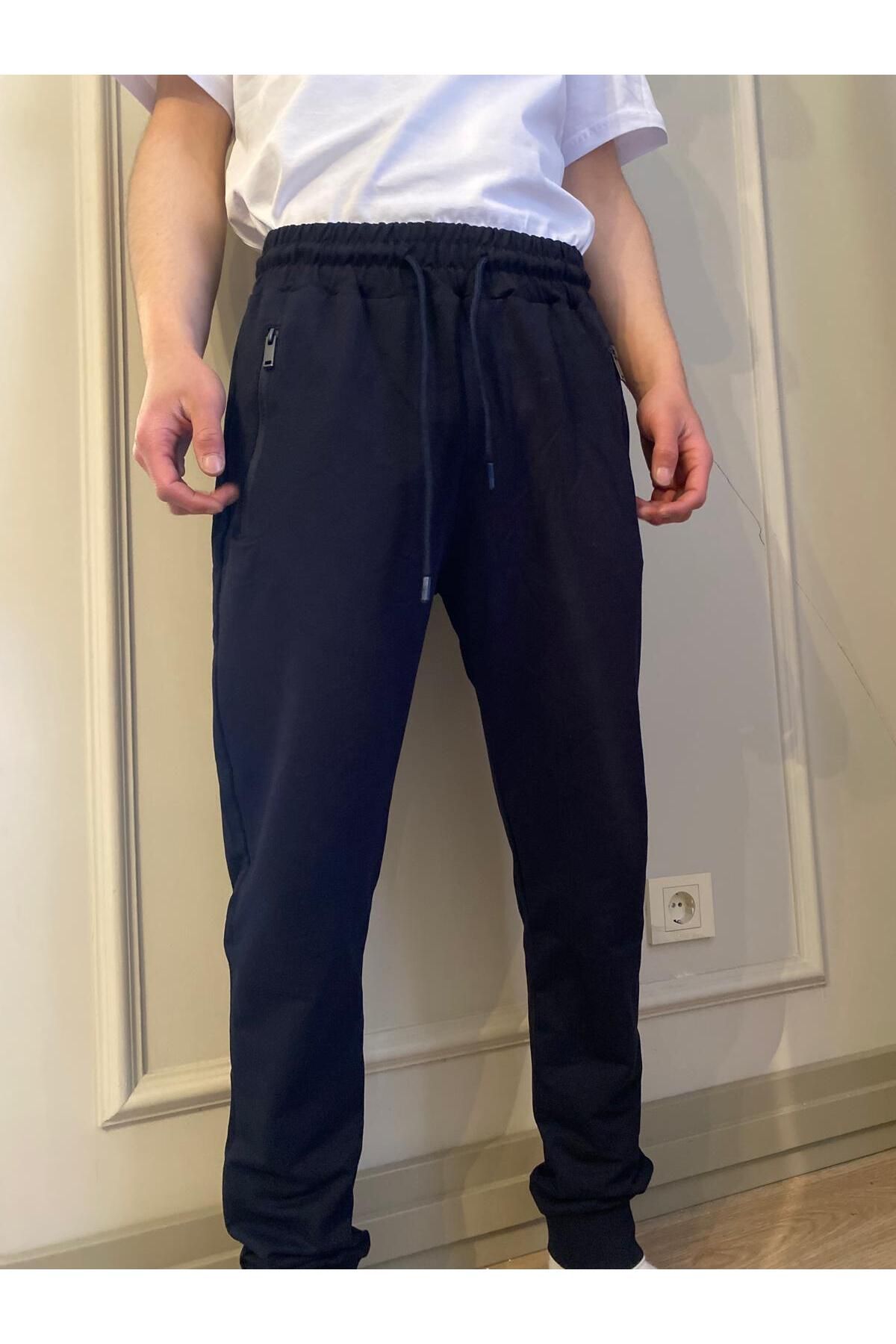 DÜVEN Erkek Siyah Standart Fit Normal Kesim 2 Iplik Cepli Cool & Comfort Pamuklu Jogger Eşofman Altı