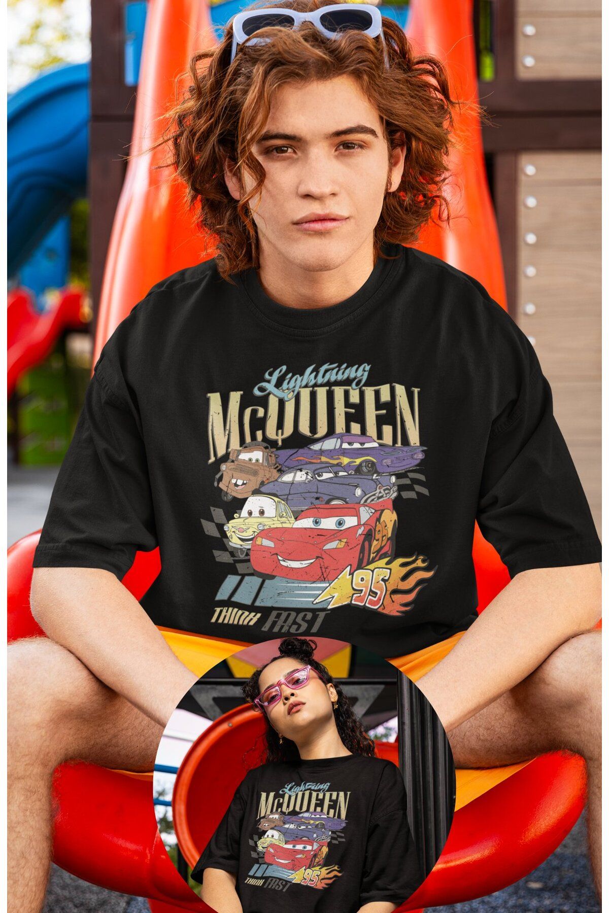 Fuddy Moda Unisex Renkli Arabalar Baskılı Tişört, Oversize Cars Film Temalı T-Shirt