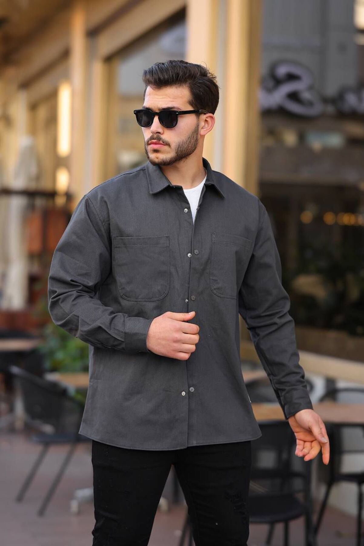 Alpha star Gabardin çift cepli oversize gömlek