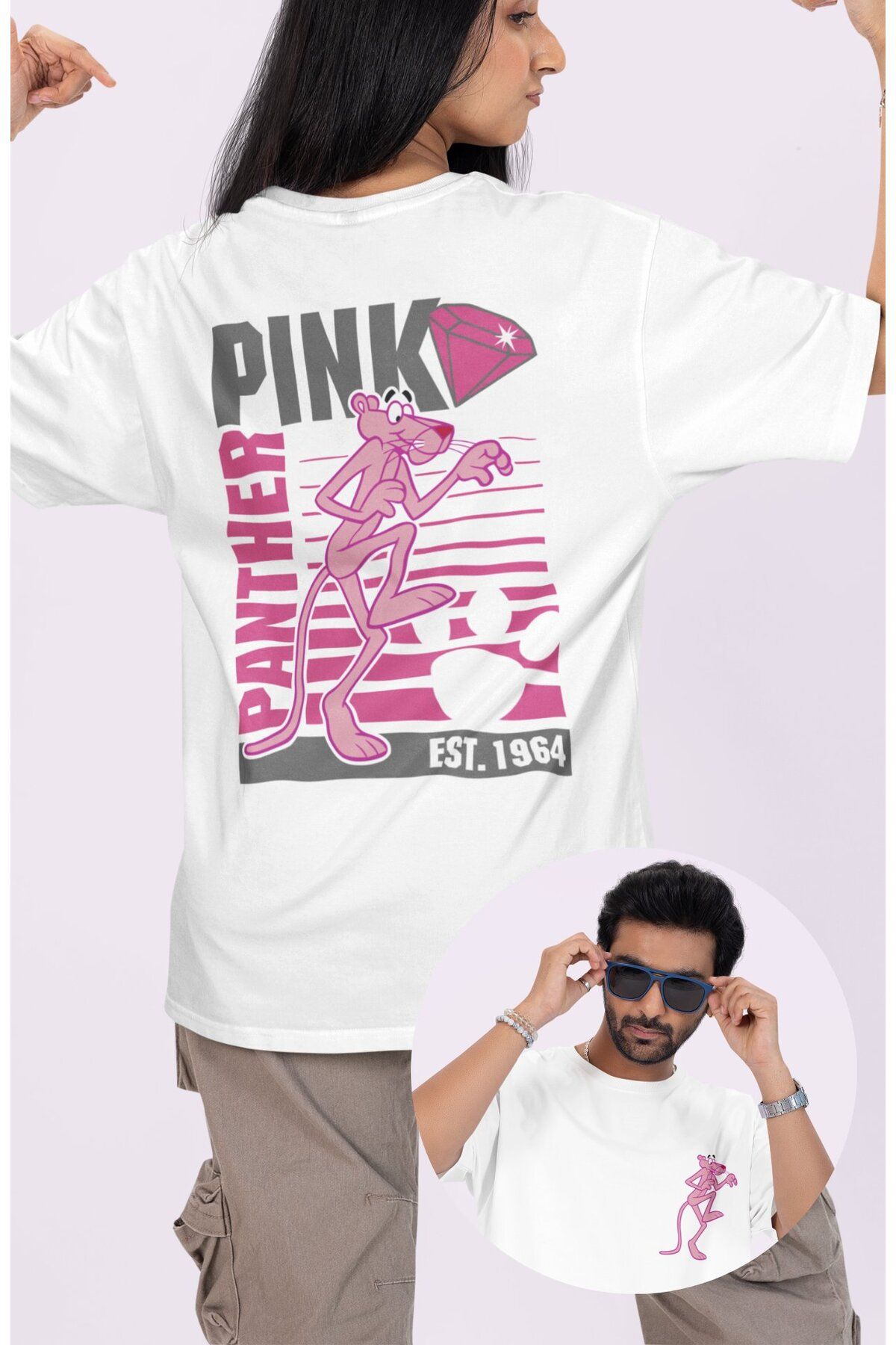 Fuddy Moda Unisex Est 1964 Pink Panther Sırt Baskılı Tişört, Oversize Pembe Panter Temalı T-Shirt