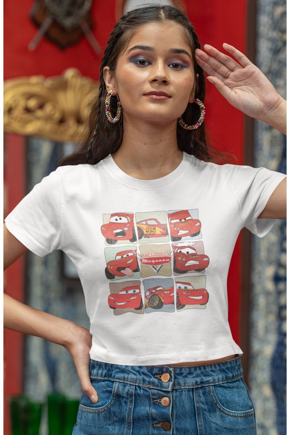 Fuddy Moda Arabalar Baskılı Crop Top, Kadın Şimşek Cars Film Temalı Crop Bluz