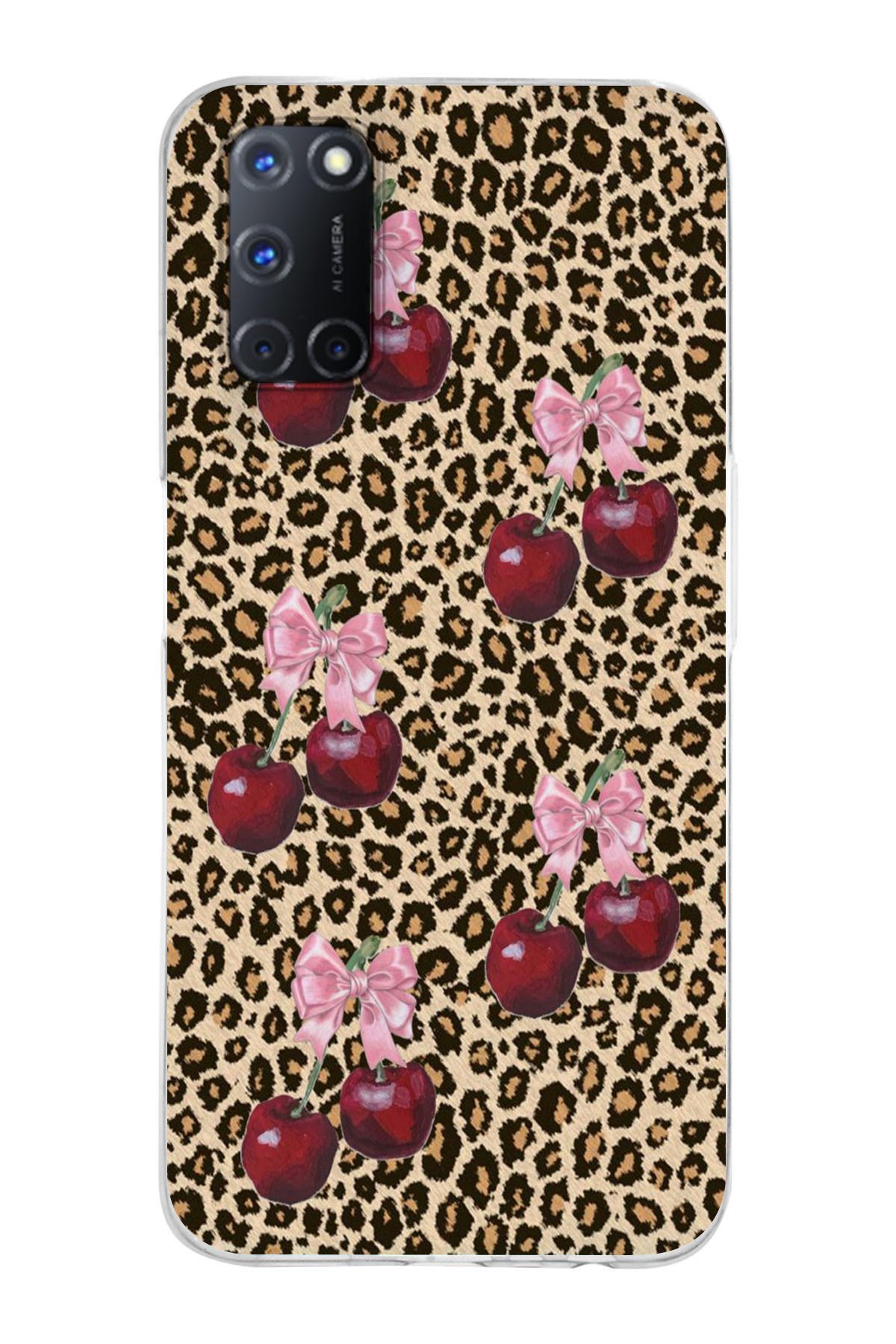 moonset Oppo A52 / A72 / A92 Uyumlu Leopar ve Fiyonk Tasarımlı Baskılı Şeffaf Telefon Kılıfı