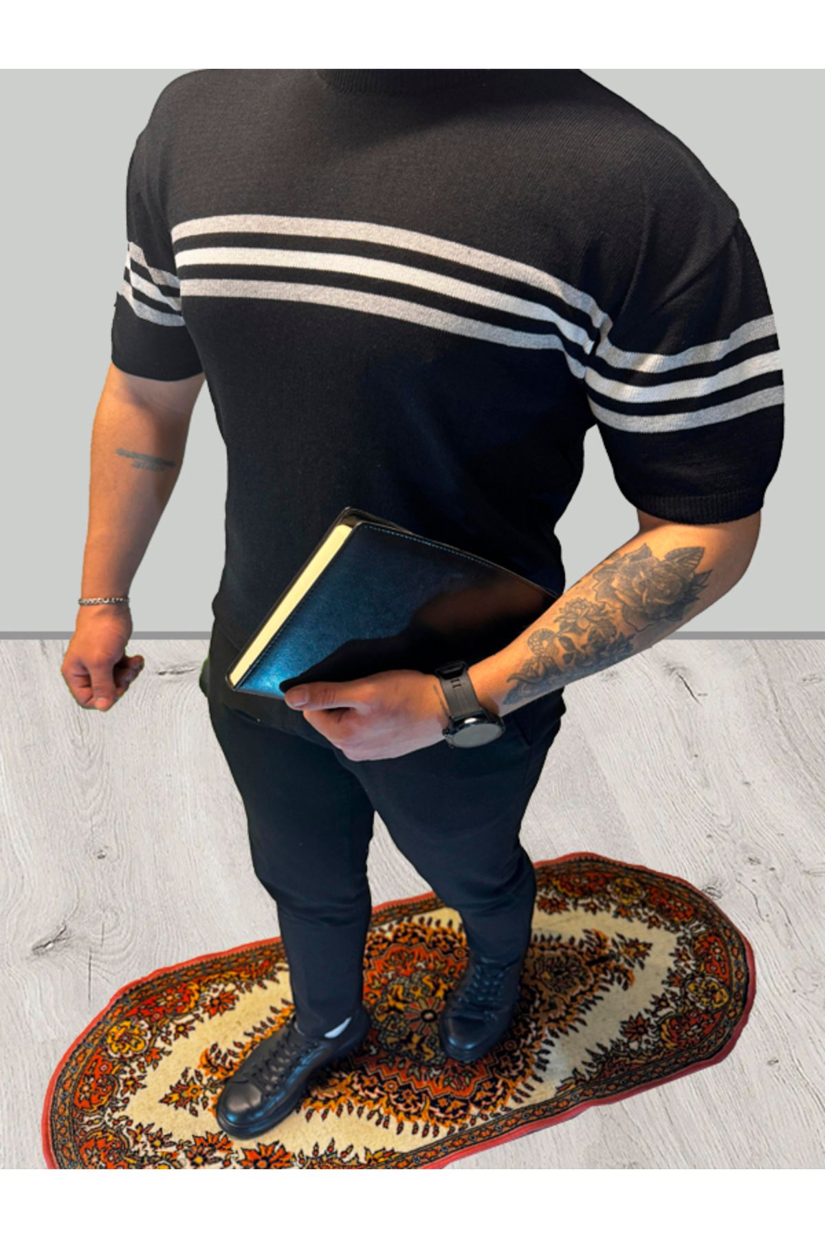 Athleon Beyaz Şeritli Siyah Tişört Lux Premium Tişört